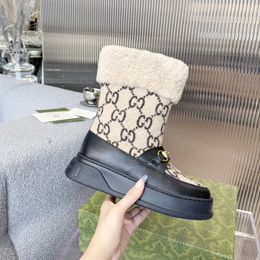 GUCCI Boots Wool Shearling Beige-Black-Gold EU35-42 C40202609111809 - Image 6