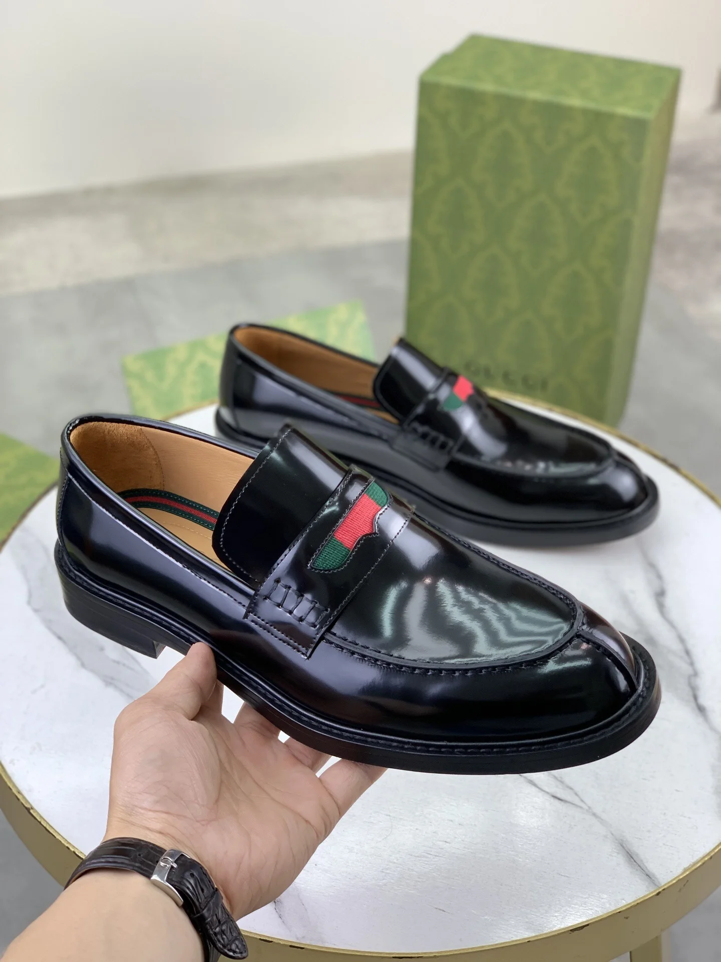 GUCCI Formal Shoes Calf Leather Black-Green-Red EU39-45 D80202609111067 - Image 3
