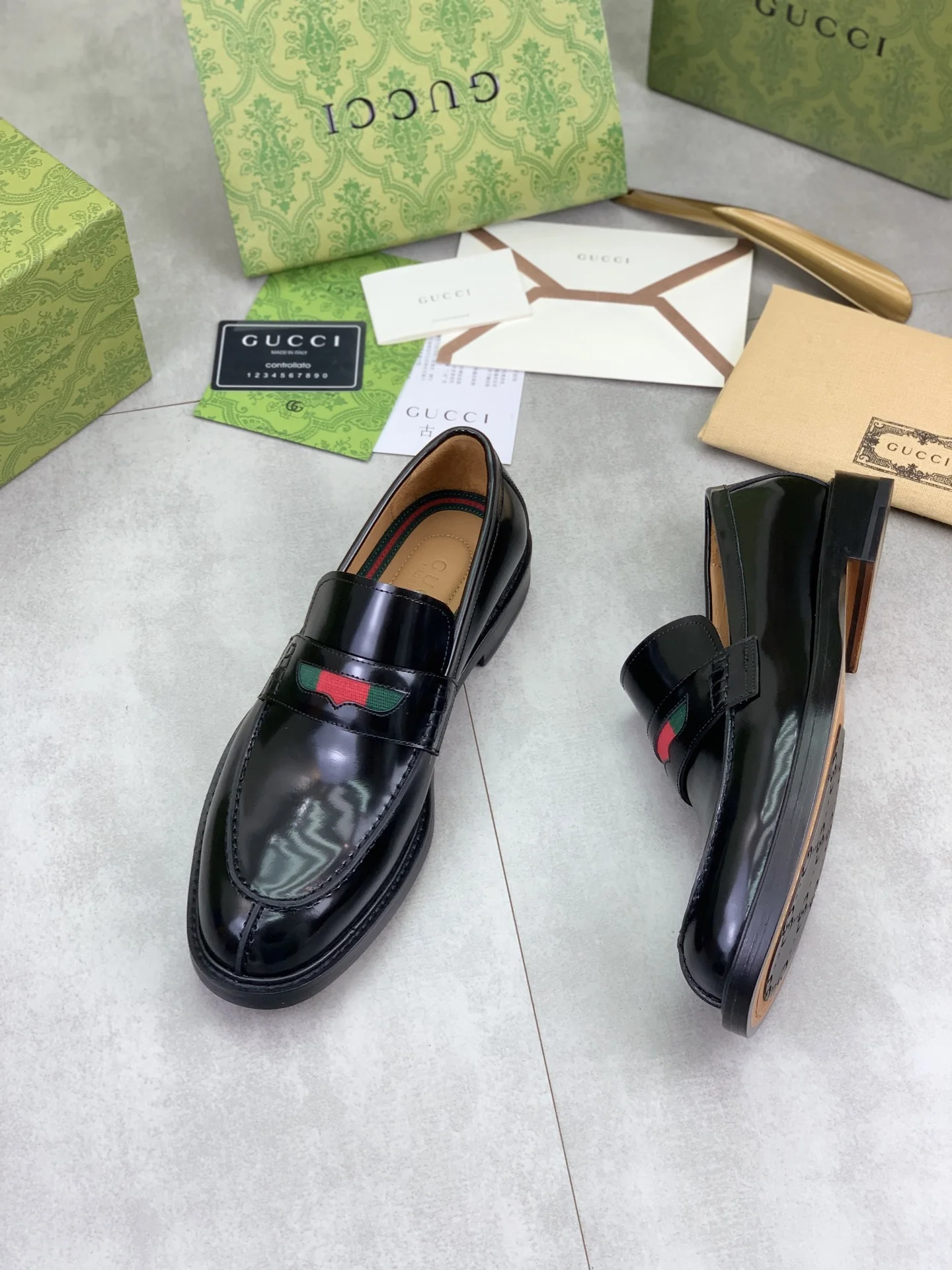 GUCCI Formal Shoes Calf Leather Black-Green-Red EU39-45 D80202609111067 - Image 5