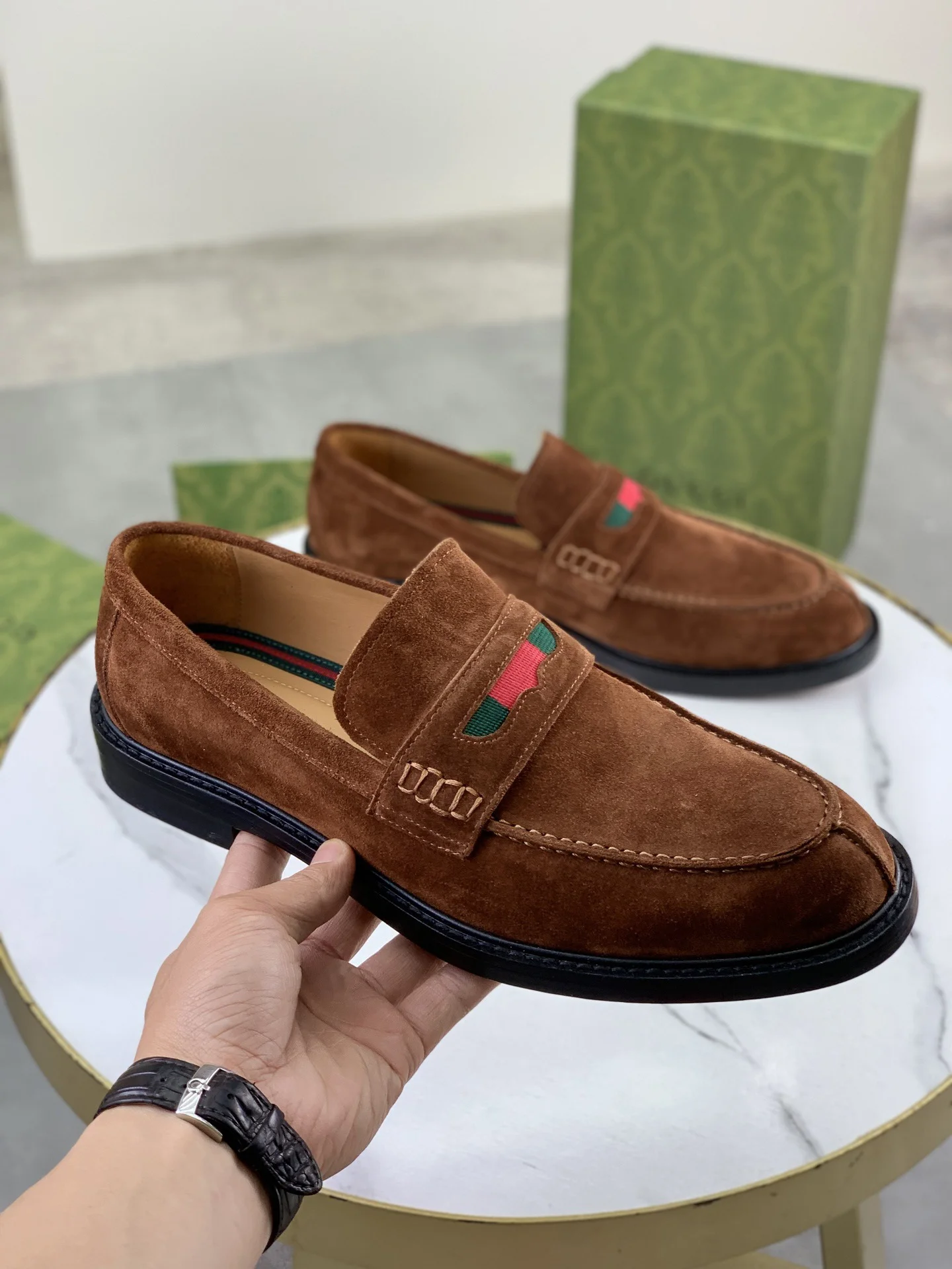 GUCCI Formal Shoes Calf Leather Brown-Green EU39-45 D80202609111066 - Image 4