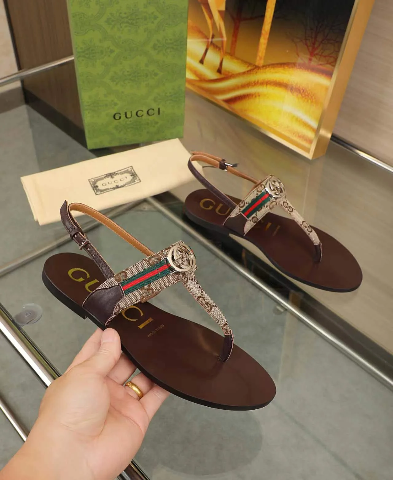 GUCCI Sandals Fabric Rubber Black-Brown-White-Gold EU35-42 A50202609111868