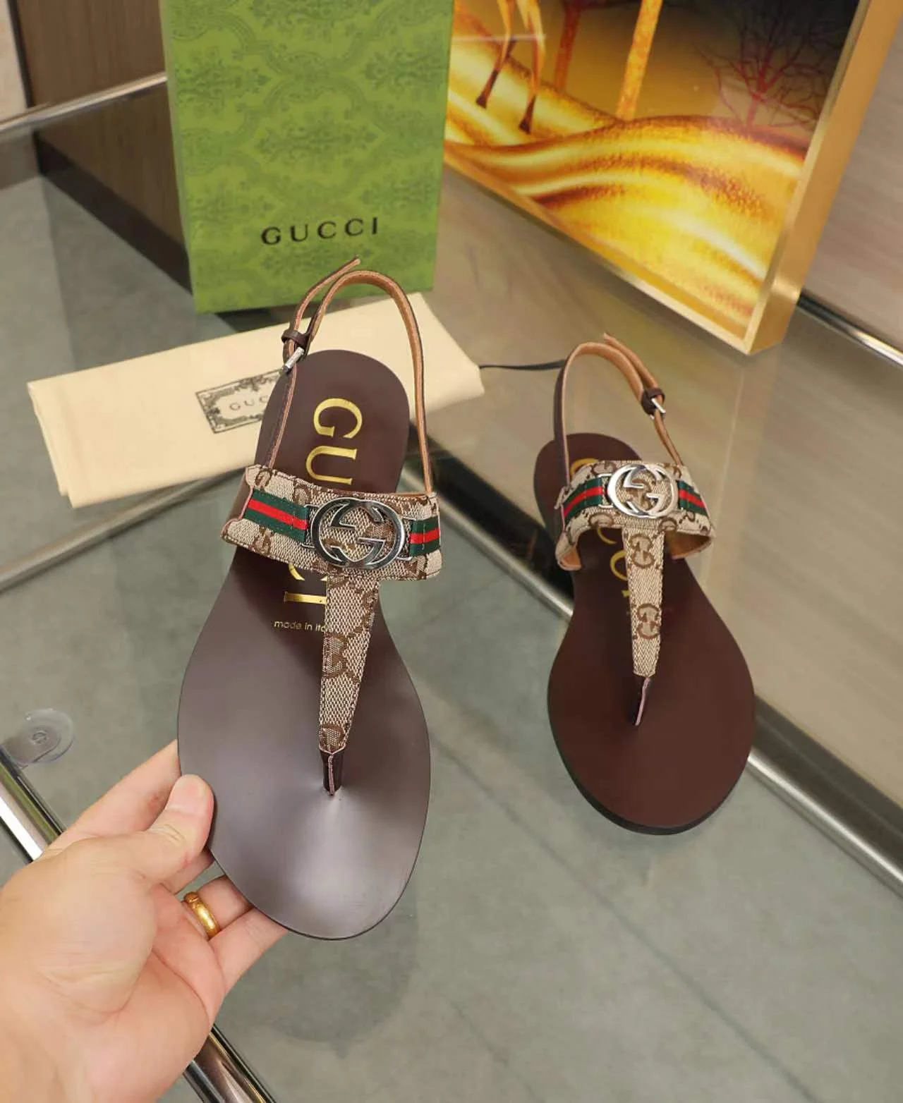 GUCCI Sandals Fabric Rubber Black-Brown-White-Gold EU35-42 A50202609111868 - Image 2