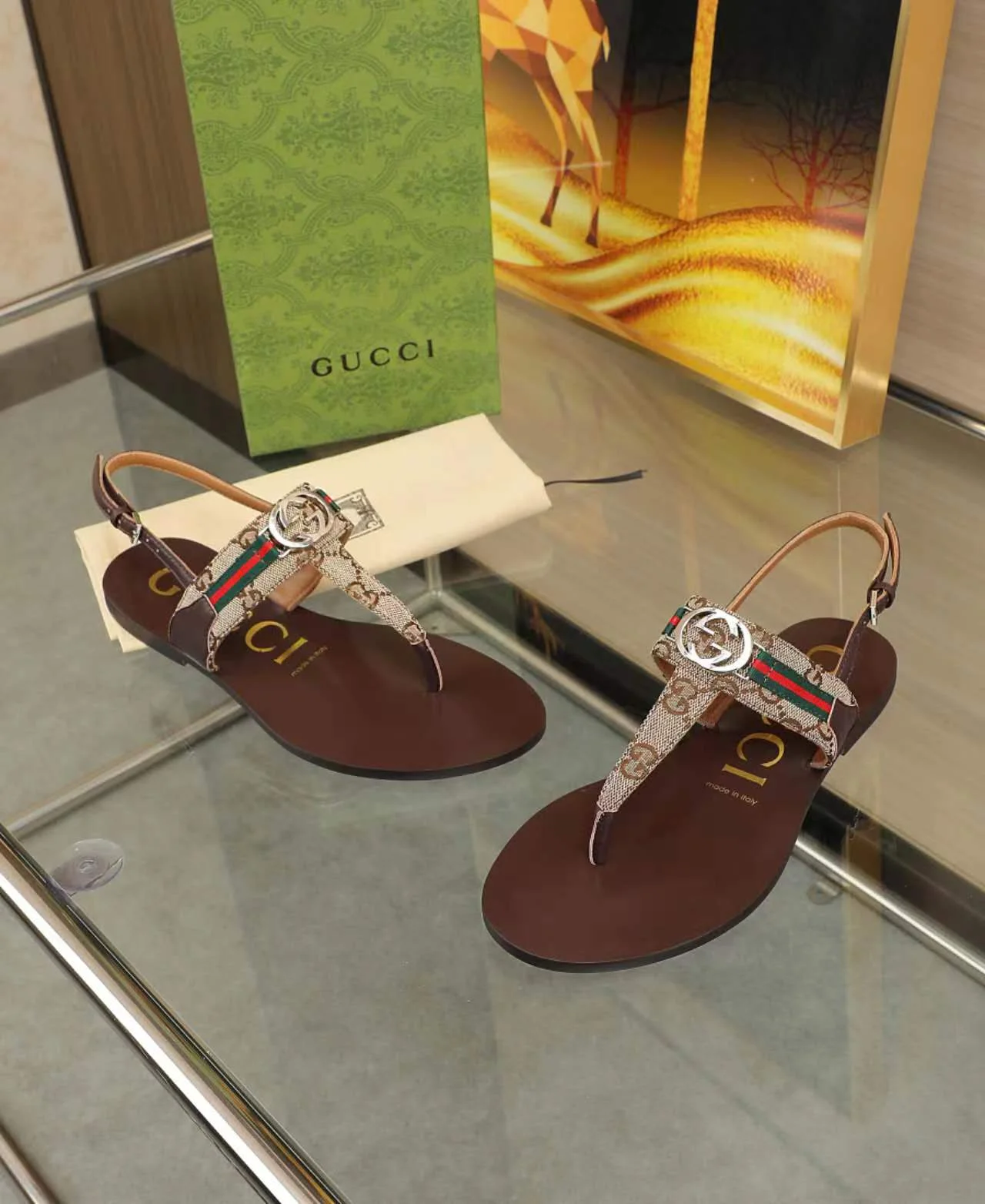 GUCCI Sandals Fabric Rubber Black-Brown-White-Gold EU35-42 A50202609111868 - Image 4