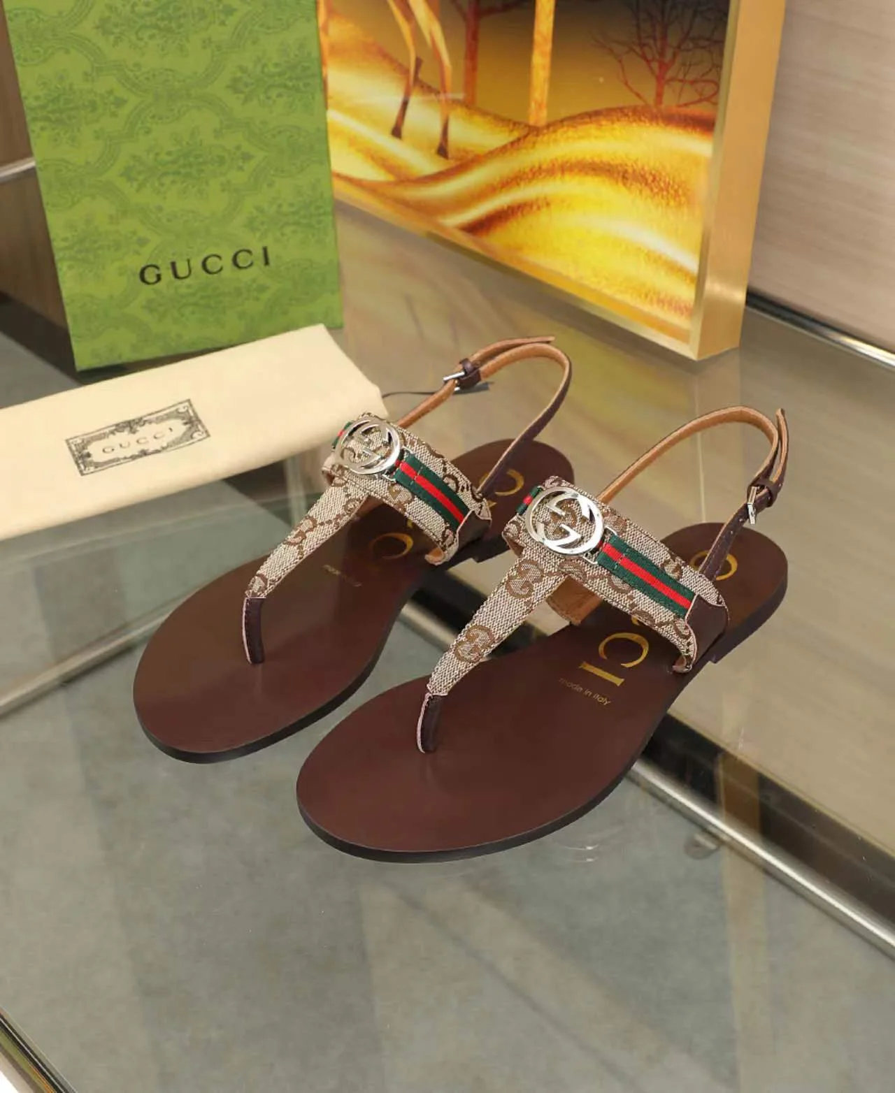 GUCCI Sandals Fabric Rubber Black-Brown-White-Gold EU35-42 A50202609111868 - Image 5