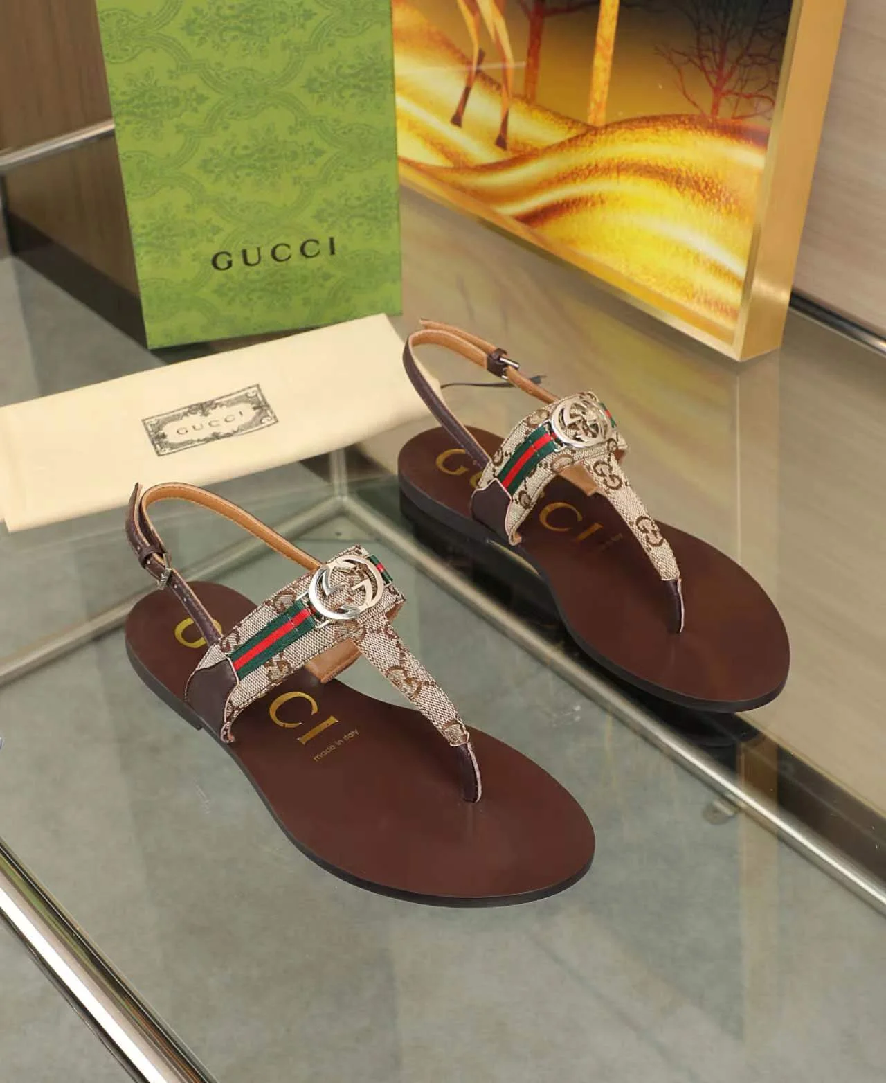 GUCCI Sandals Fabric Rubber Black-Brown-White-Gold EU35-42 A50202609111868 - Image 6