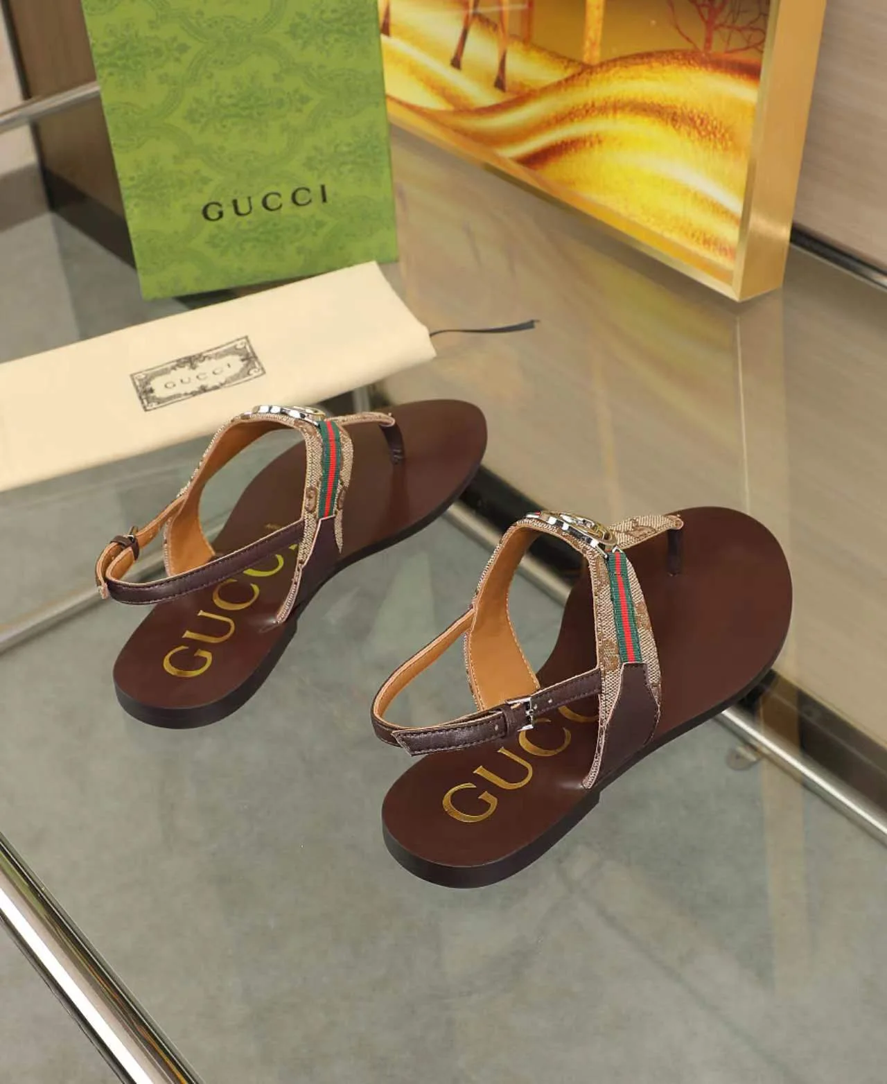 GUCCI Sandals Fabric Rubber Black-Brown-White-Gold EU35-42 A50202609111868 - Image 7