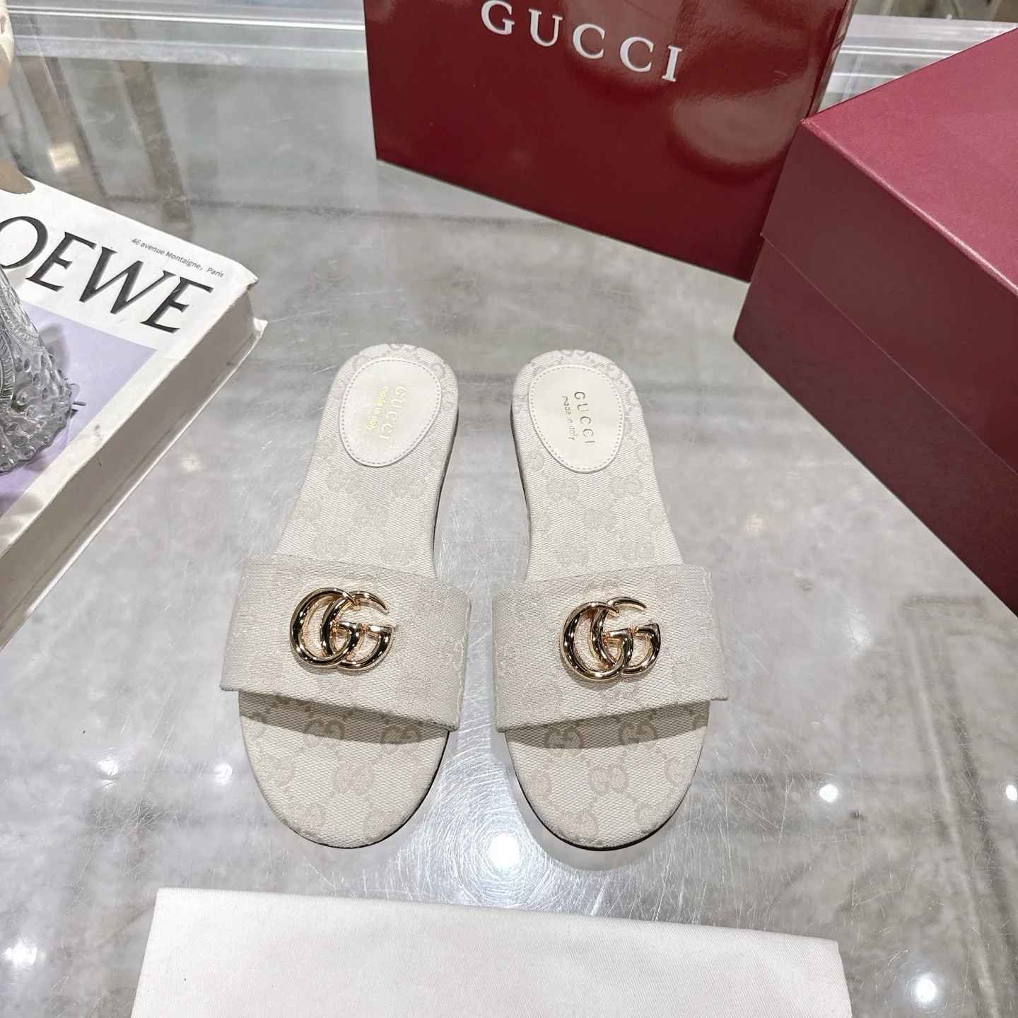 GUCCI Sandals Jacquard Canvas Beige-Gold EU36-42 A70202609111816