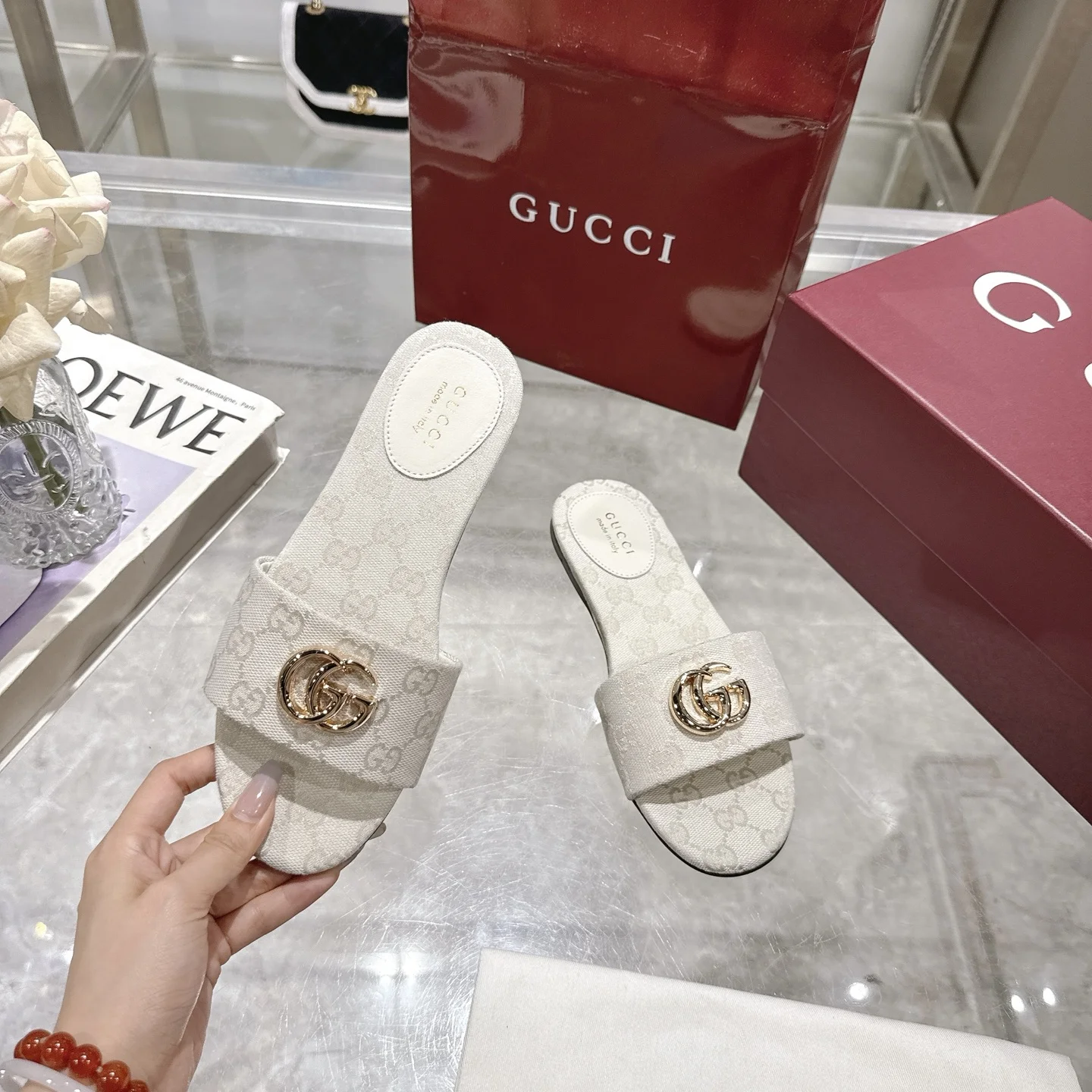 GUCCI Sandals Jacquard Canvas Beige-Gold EU36-42 A70202609111816 - Image 4