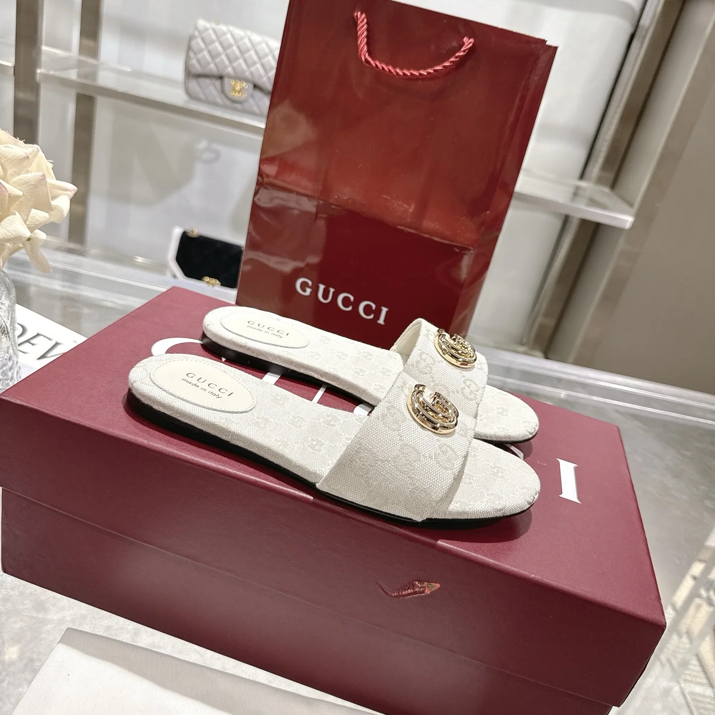 GUCCI Sandals Jacquard Canvas Beige-Gold EU36-42 A70202609111816 - Image 6