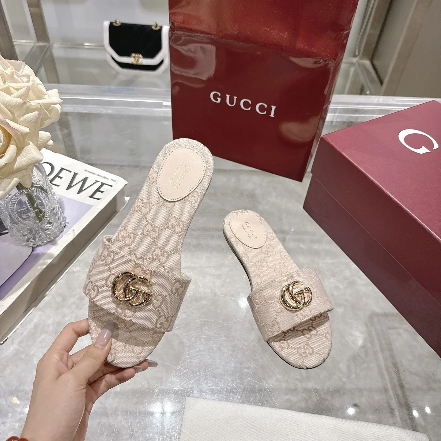 GUCCI Sandals Jacquard Canvas Beige-Gold EU36-42 A70202609111818 - Image 4