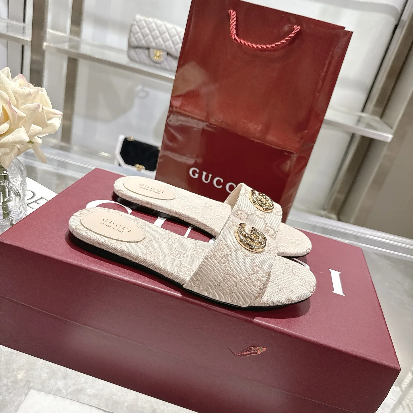 GUCCI Sandals Jacquard Canvas Beige-Gold EU36-42 A70202609111818 - Image 6