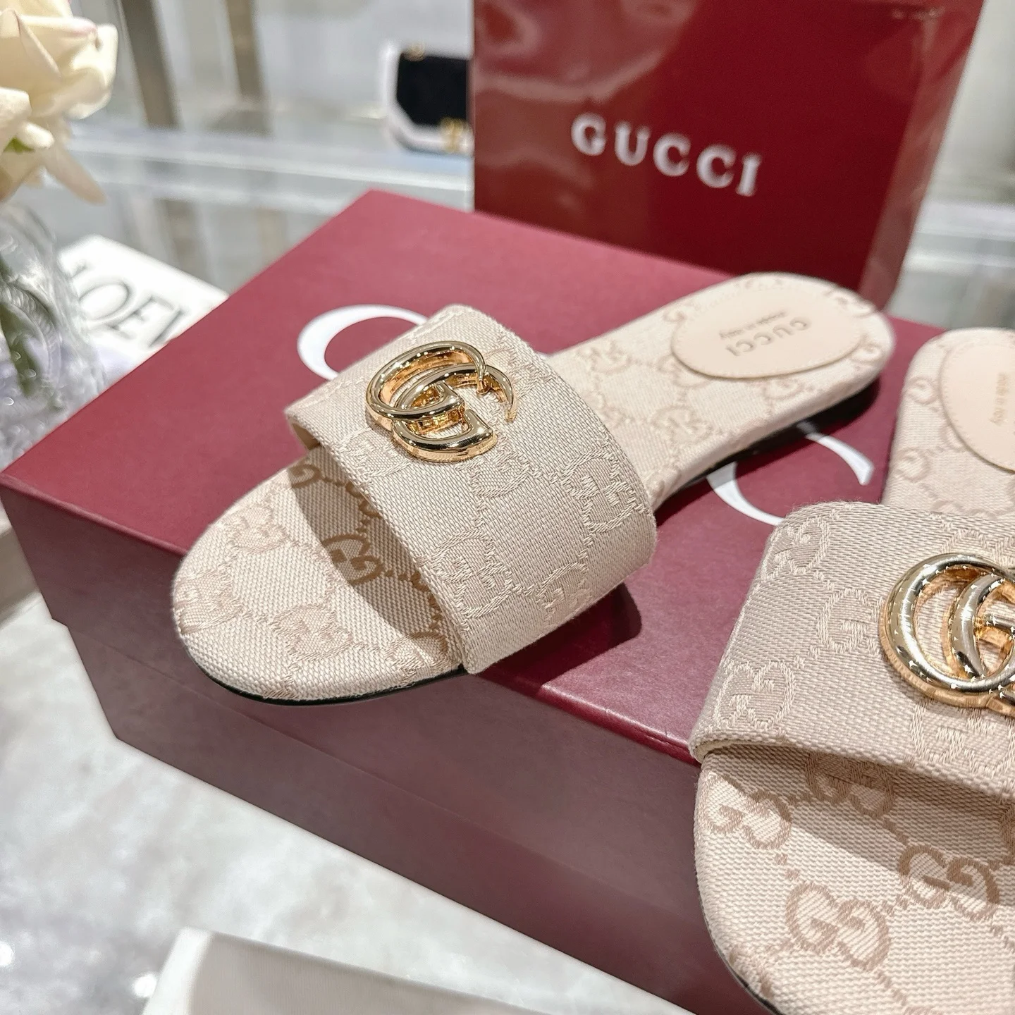 GUCCI Sandals Jacquard Canvas Beige-Gold EU36-42 A70202609111818 - Image 7