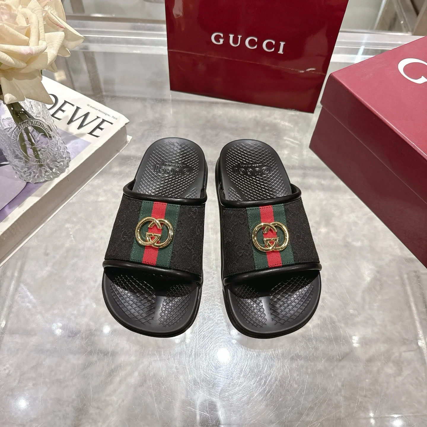 GUCCI Sandals Rubber Black-Green-Red-Gold EU40-47 A80202609111820