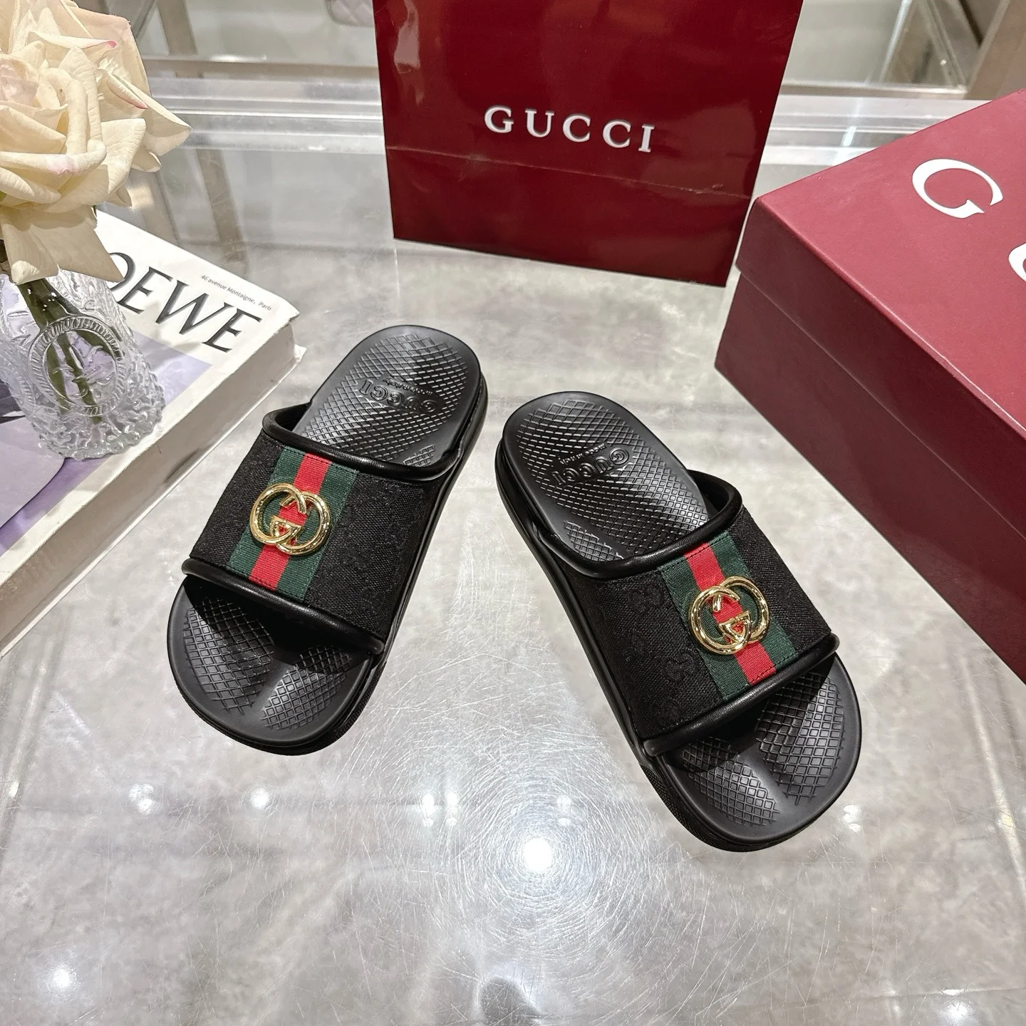 GUCCI Sandals Rubber Black-Green-Red-Gold EU40-47 A80202609111820 - Image 3
