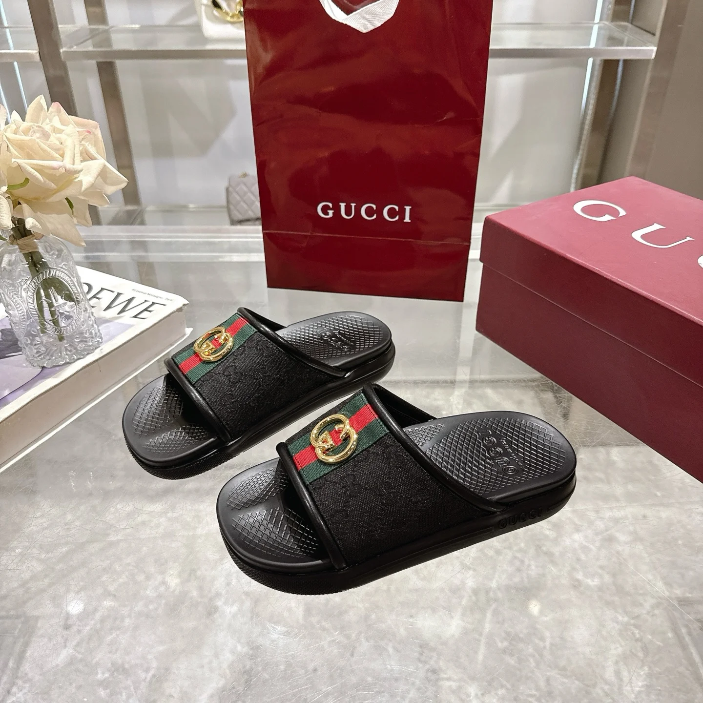GUCCI Sandals Rubber Black-Green-Red-Gold EU40-47 A80202609111820 - Image 4