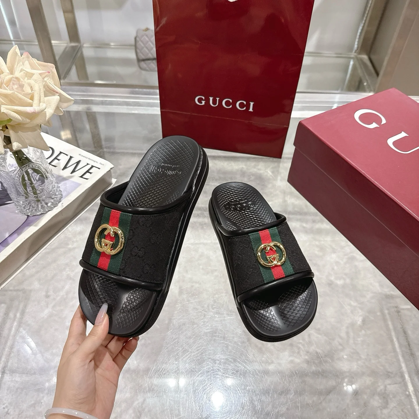 GUCCI Sandals Rubber Black-Green-Red-Gold EU40-47 A80202609111820 - Image 5