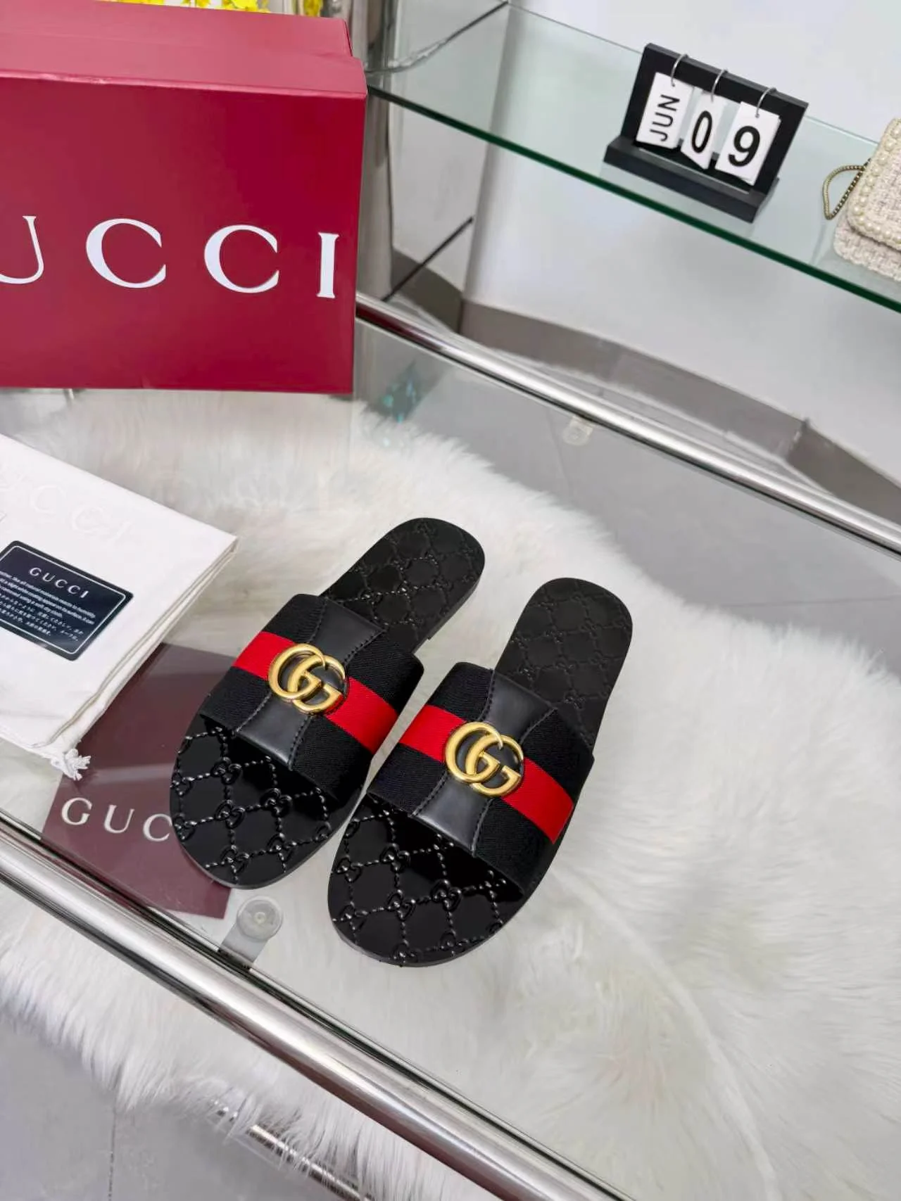 GUCCI Slides Elastic Band Black-Gold-Red EU35-44 A30202609110057