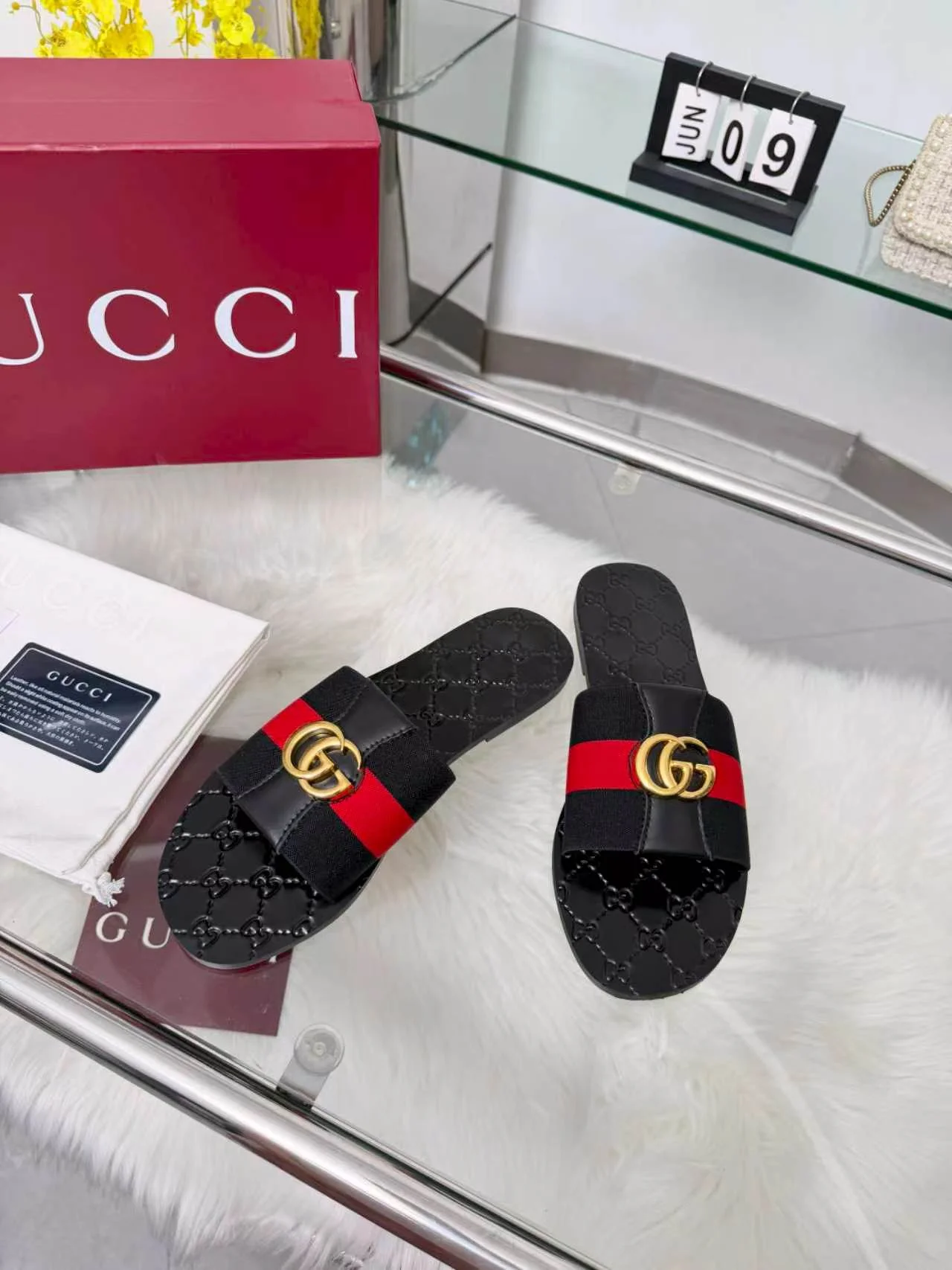 GUCCI Slides Elastic Band Black-Gold-Red EU35-44 A30202609110057 - Image 2