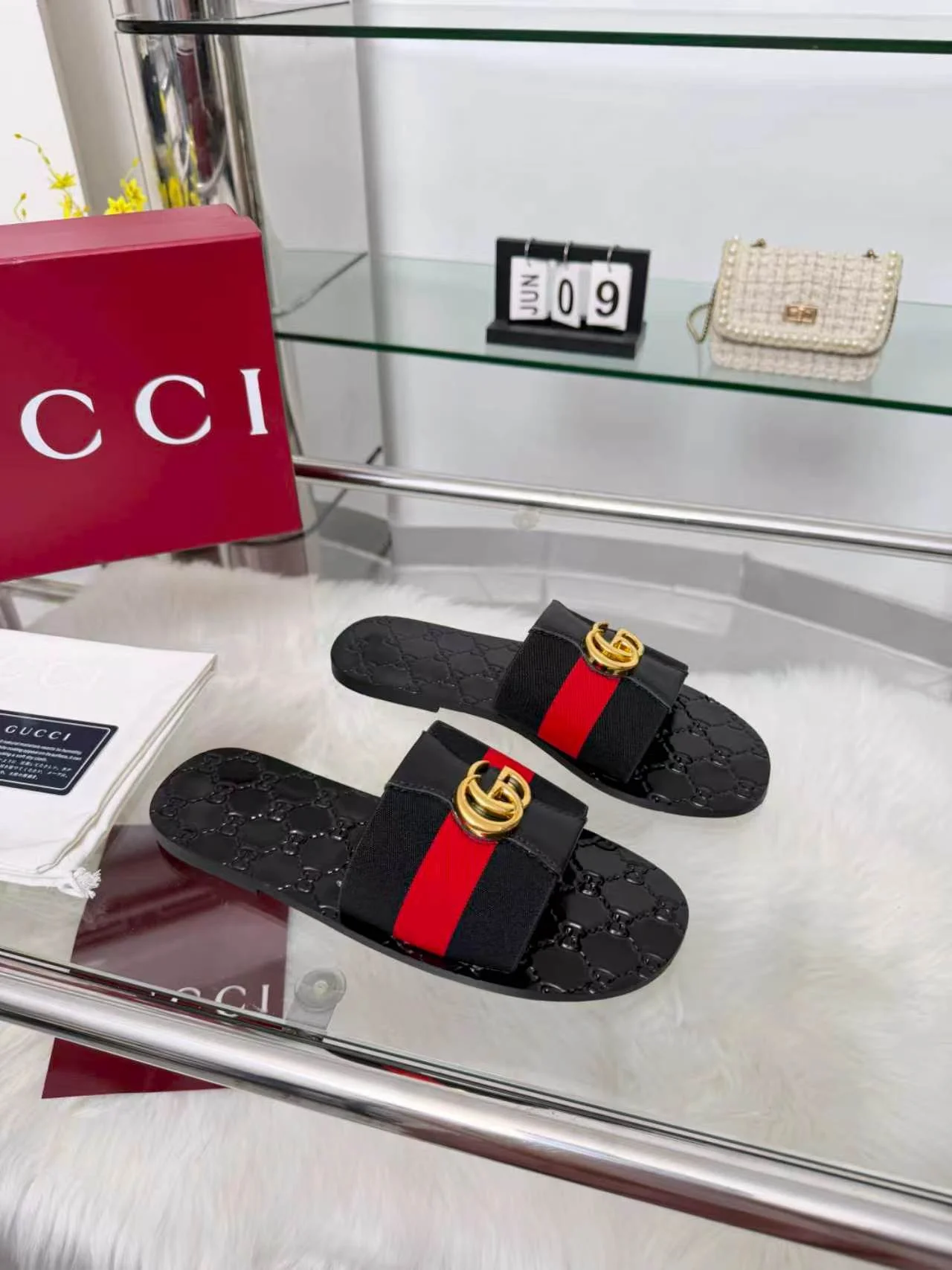 GUCCI Slides Elastic Band Black-Gold-Red EU35-44 A30202609110057 - Image 3