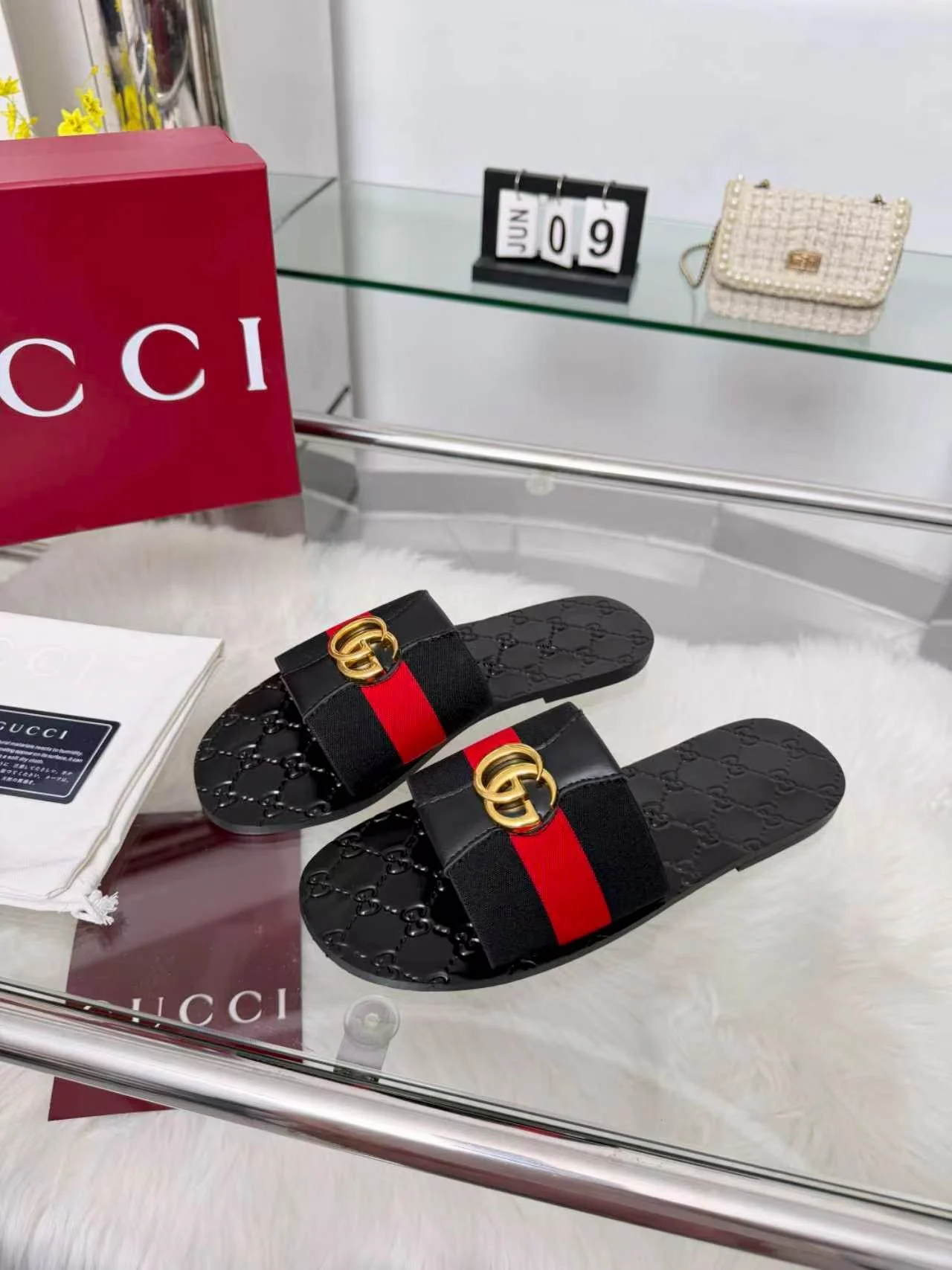 GUCCI Slides Elastic Band Black-Gold-Red EU35-44 A30202609110057 - Image 4