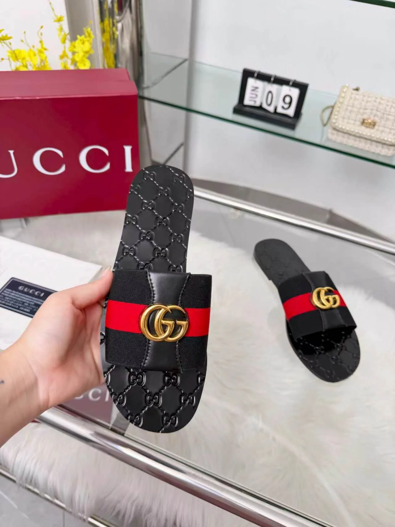 GUCCI Slides Elastic Band Black-Gold-Red EU35-44 A30202609110057 - Image 5