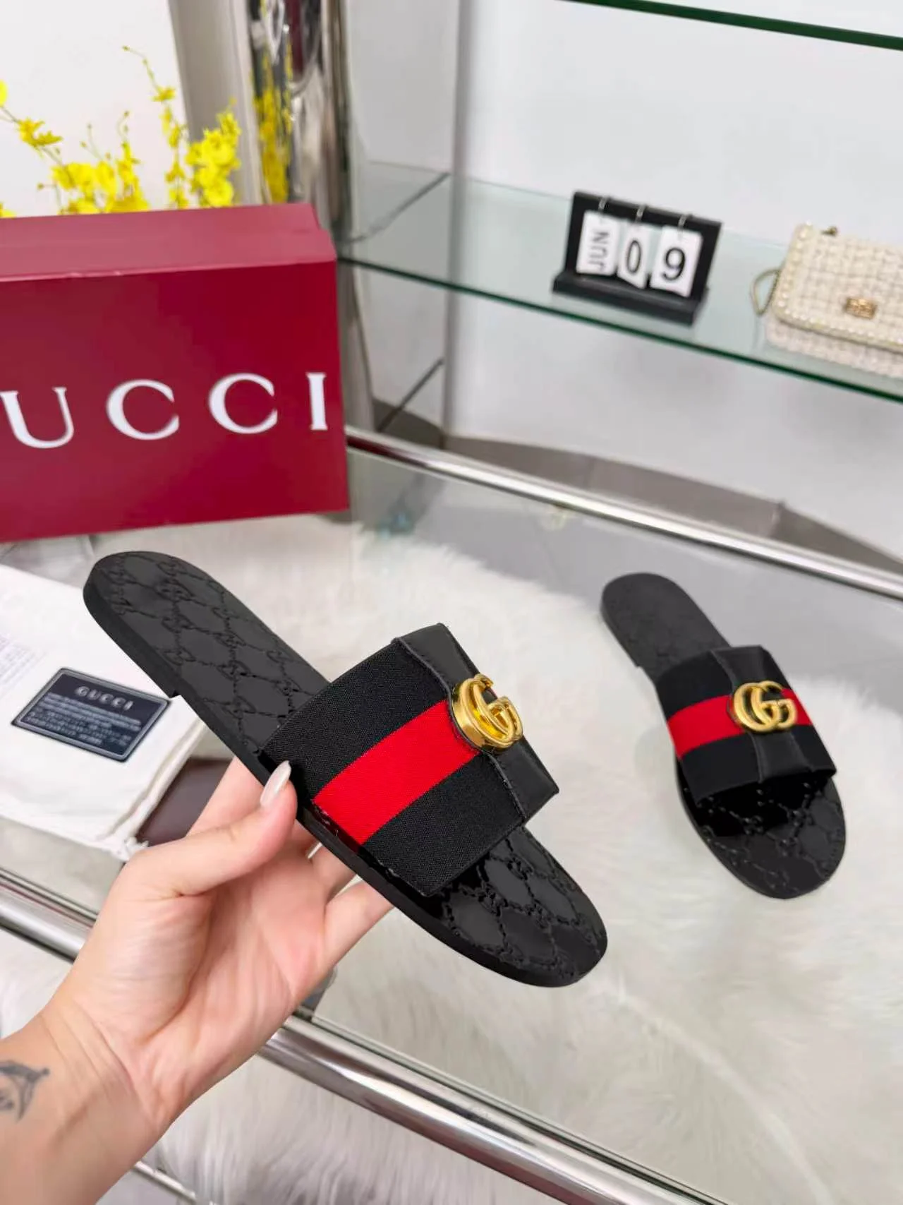GUCCI Slides Elastic Band Black-Gold-Red EU35-44 A30202609110057 - Image 6