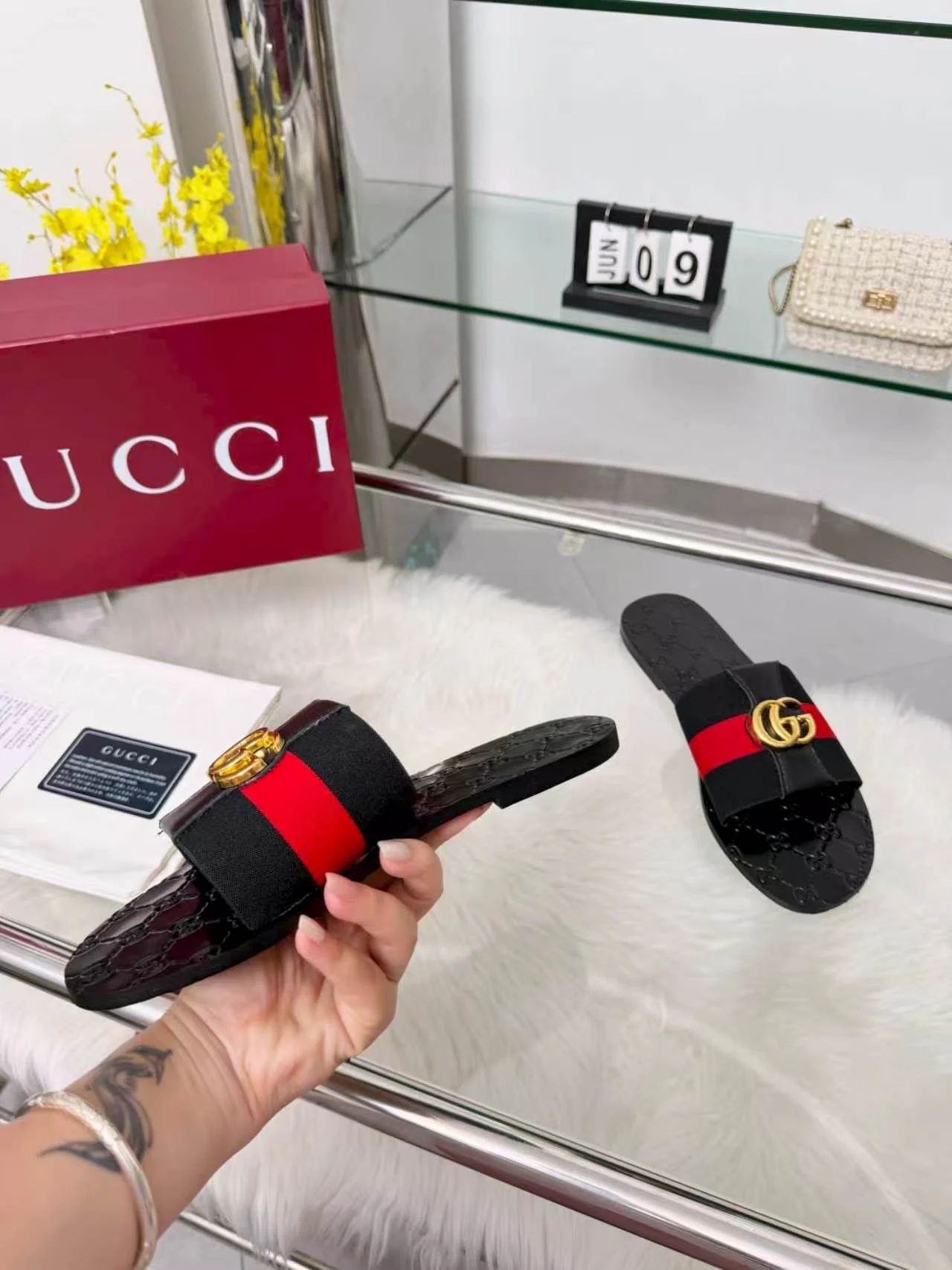 GUCCI Slides Elastic Band Black-Gold-Red EU35-44 A30202609110057 - Image 7