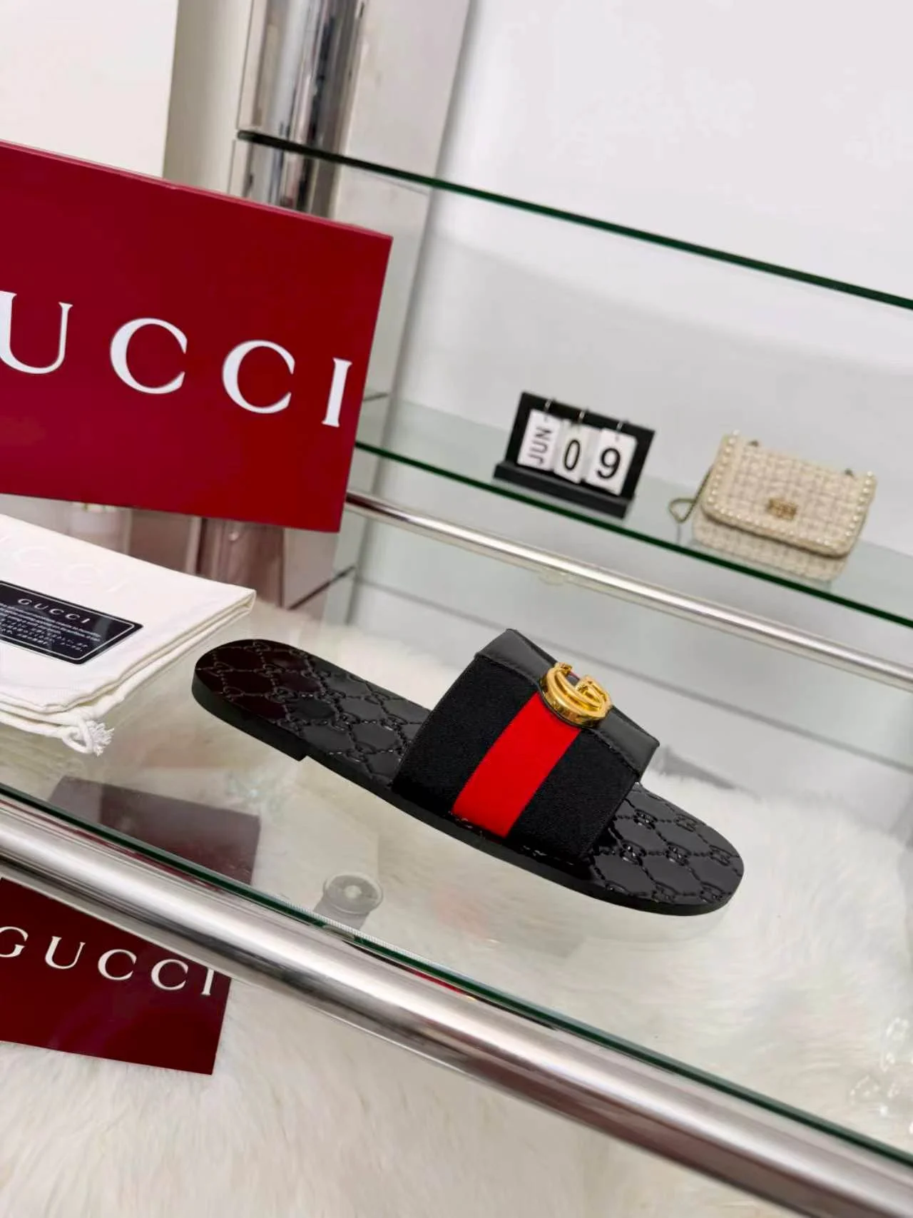 GUCCI Slides Elastic Band Black-Gold-Red EU35-44 A30202609110057 - Image 9