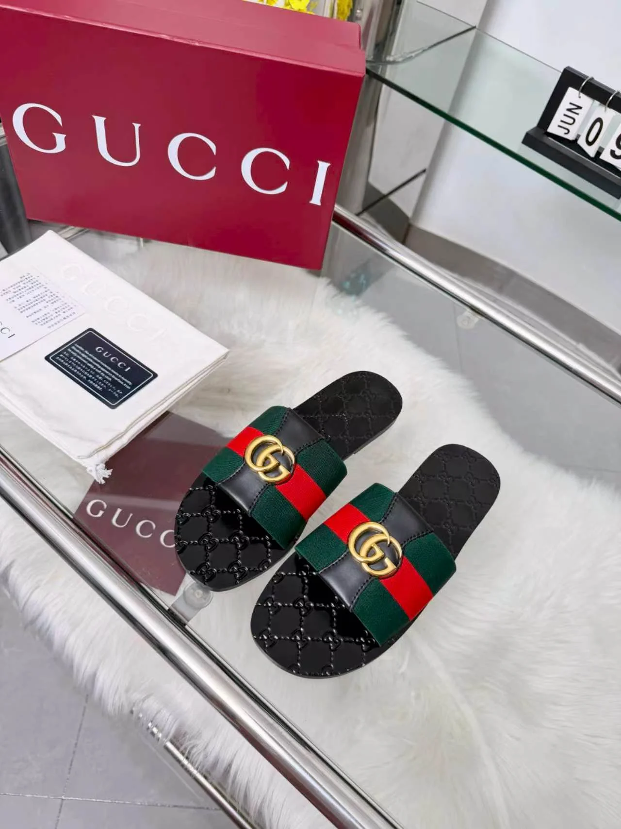 GUCCI Slides Elastic Band Black-Green-Red-Gold EU35-44 A30202609110055