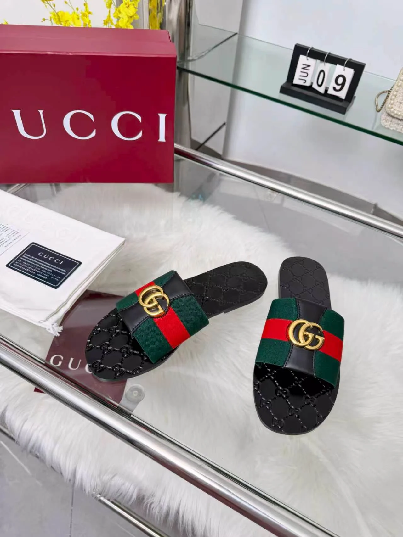 GUCCI Slides Elastic Band Black-Green-Red-Gold EU35-44 A30202609110055 - Image 2