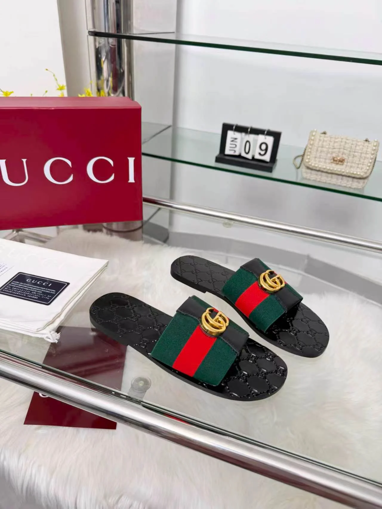 GUCCI Slides Elastic Band Black-Green-Red-Gold EU35-44 A30202609110055 - Image 3