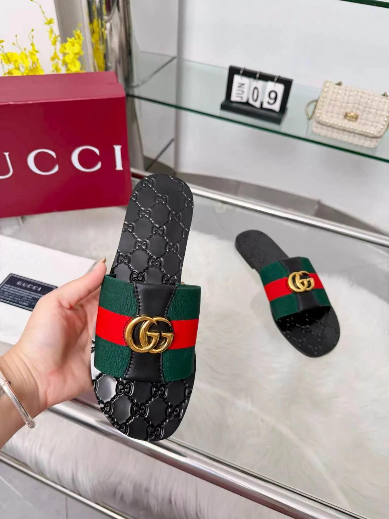 GUCCI Slides Elastic Band Black-Green-Red-Gold EU35-44 A30202609110055 - Image 5