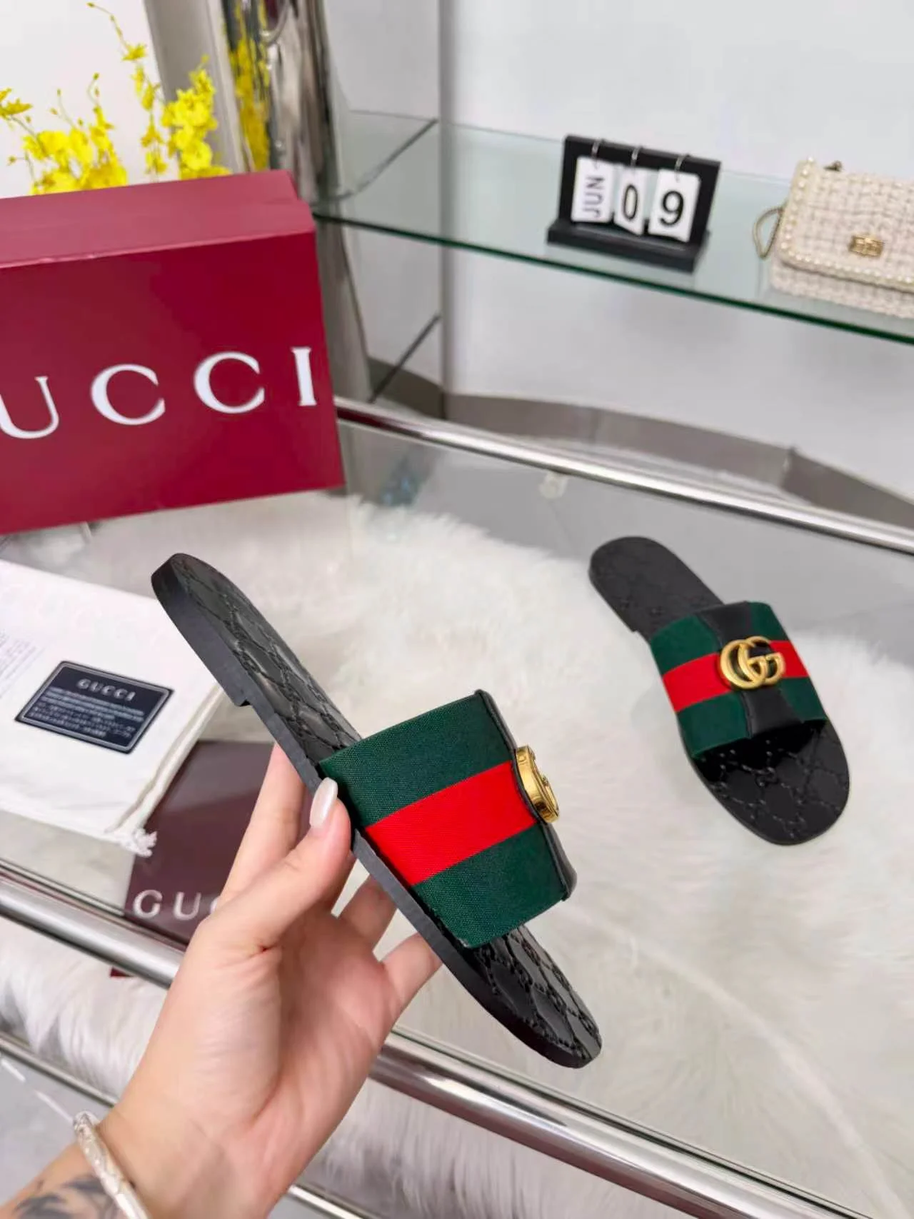 GUCCI Slides Elastic Band Black-Green-Red-Gold EU35-44 A30202609110055 - Image 6