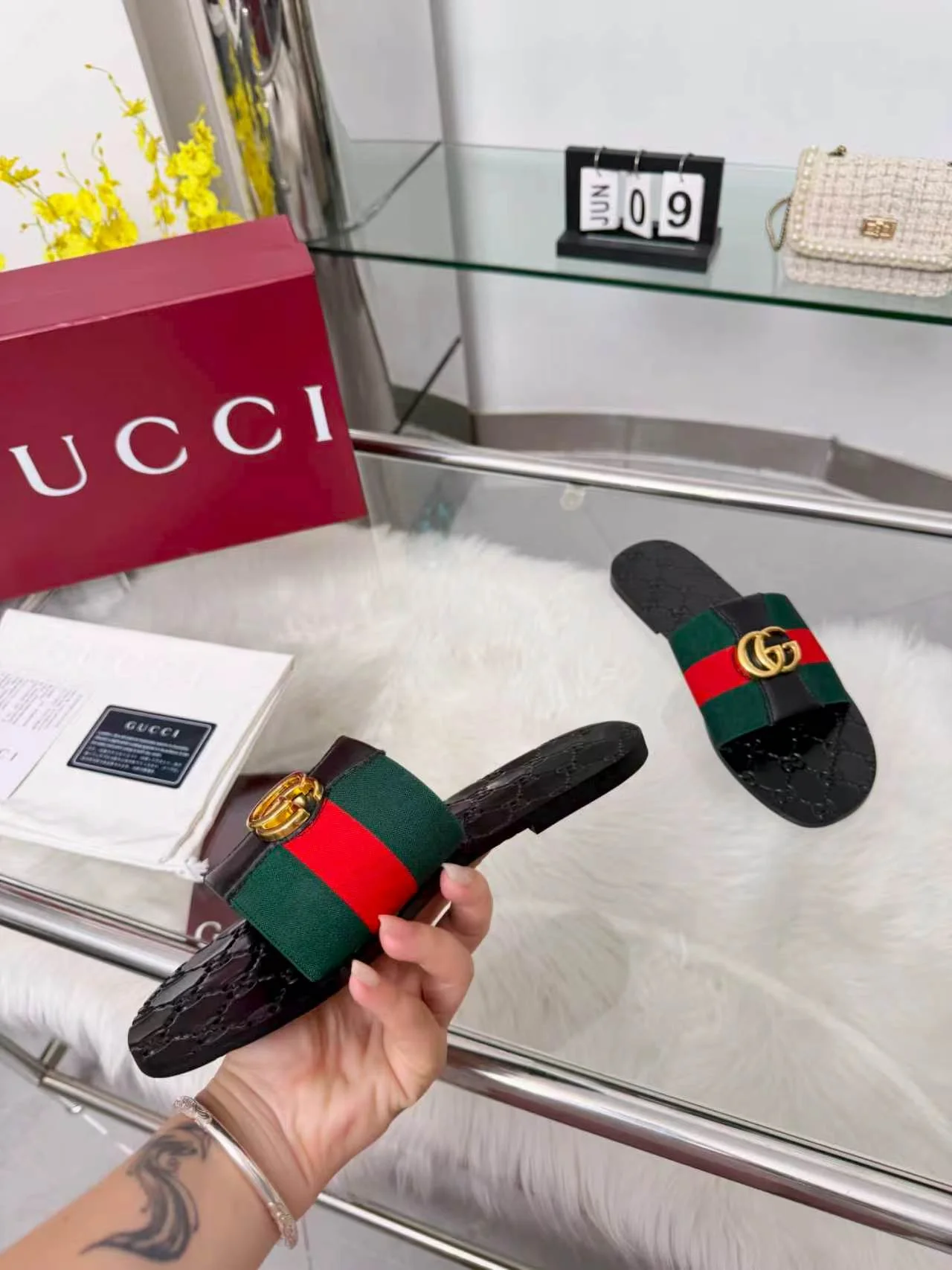 GUCCI Slides Elastic Band Black-Green-Red-Gold EU35-44 A30202609110055 - Image 7