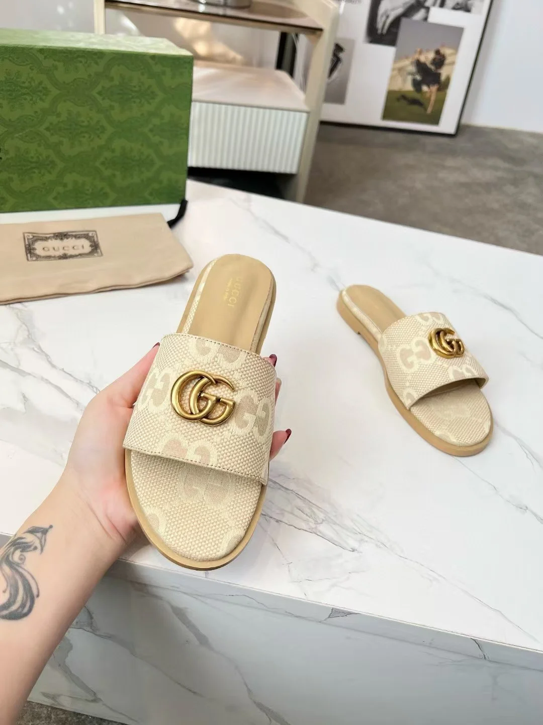 GUCCI Slides Fabric Sheepskin Beige-Gold EU35-42 A40202609111884 - Image 4
