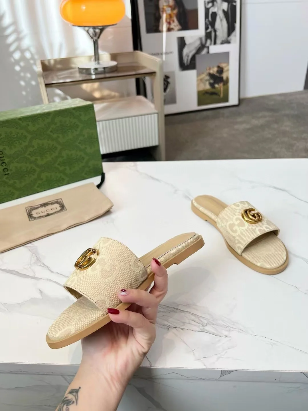 GUCCI Slides Fabric Sheepskin Beige-Gold EU35-42 A40202609111884 - Image 5