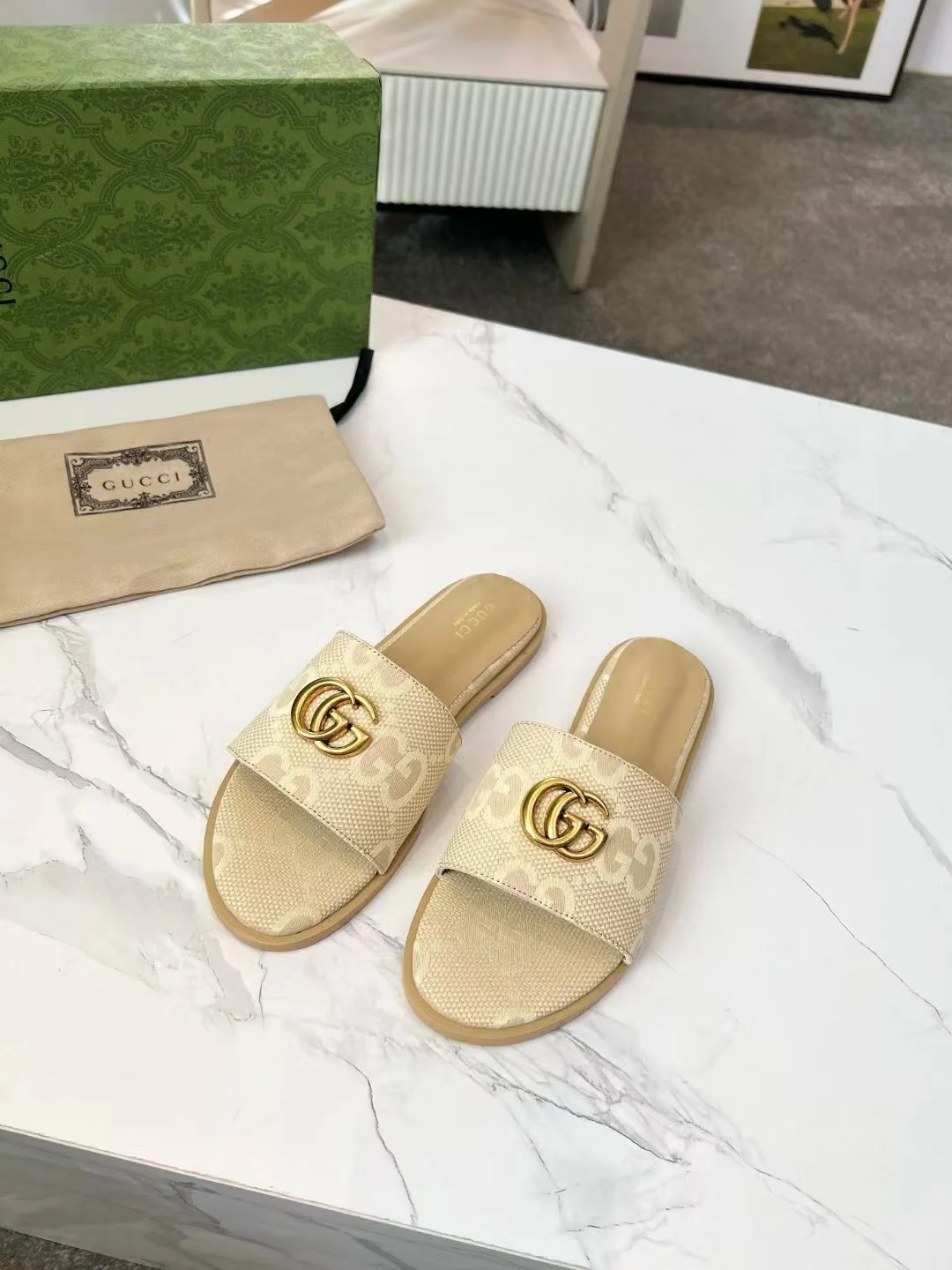 GUCCI Slides Fabric Sheepskin Beige-Gold EU35-42 A40202609111884 - Image 6