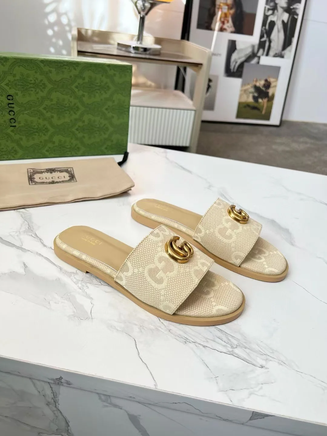 GUCCI Slides Fabric Sheepskin Beige-Gold EU35-42 A40202609111884 - Image 7