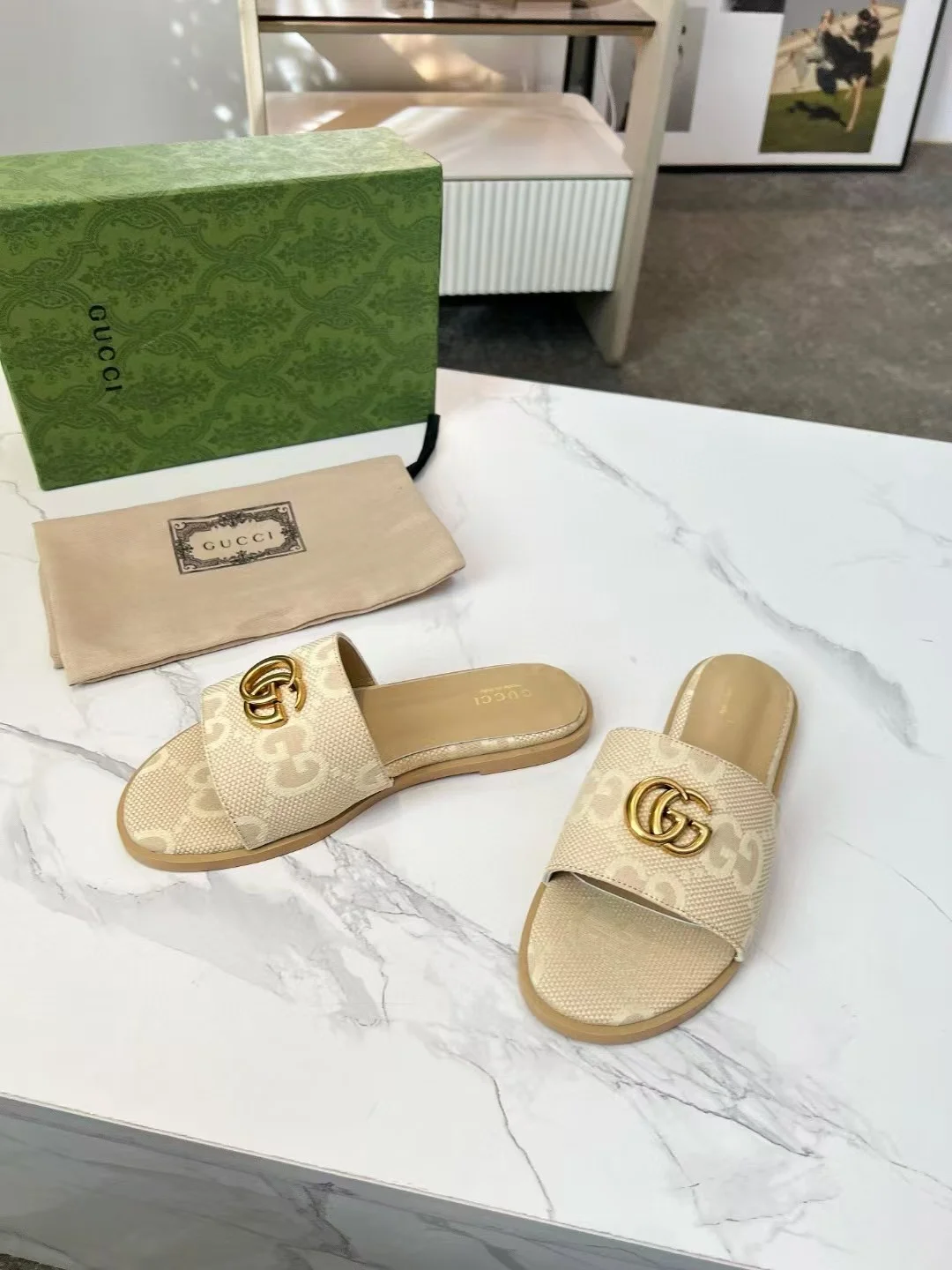 GUCCI Slides Fabric Sheepskin Beige-Gold EU35-42 A40202609111884 - Image 8