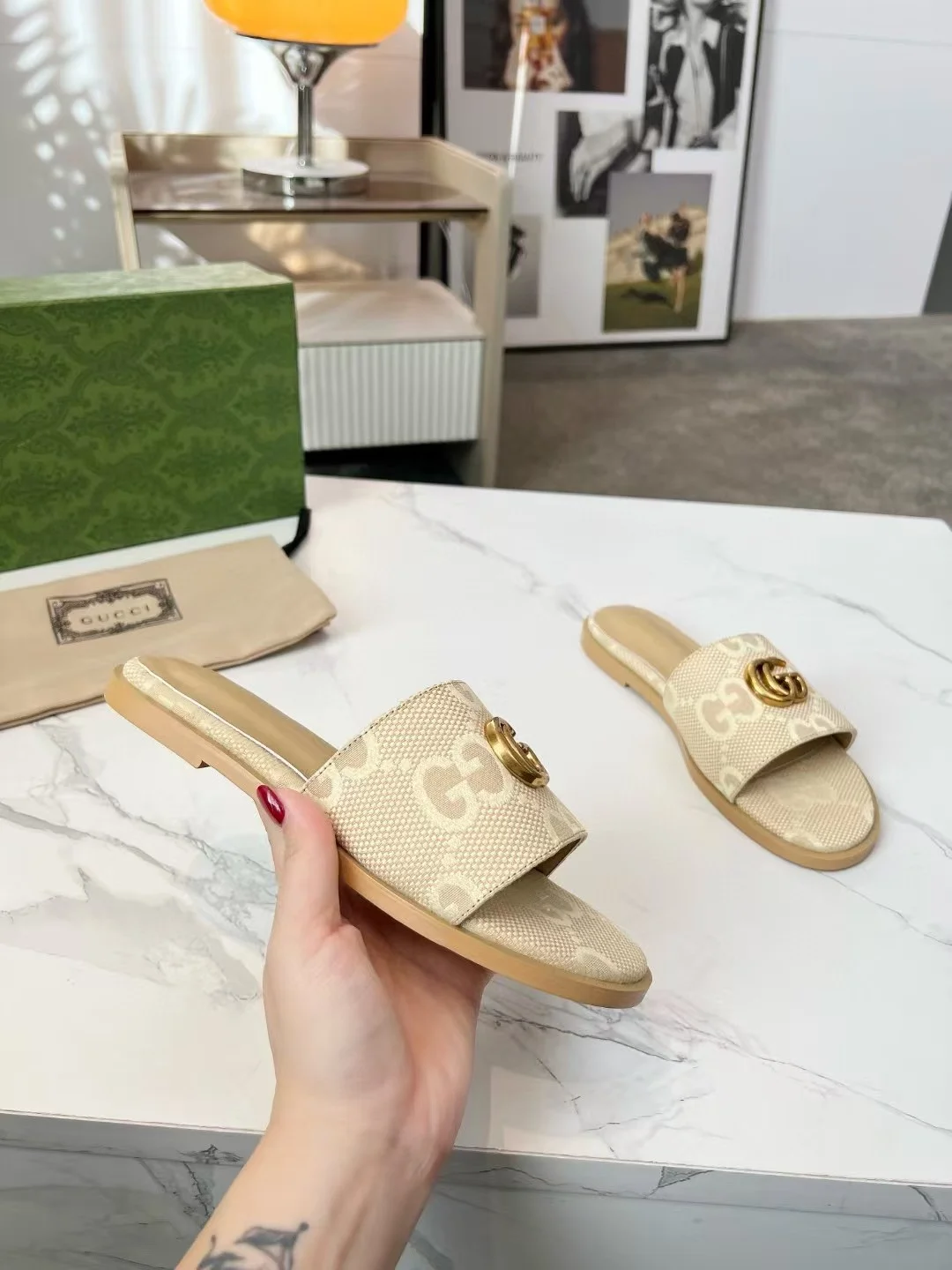 GUCCI Slides Fabric Sheepskin Beige-Gold EU35-42 A40202609111884 - Image 9