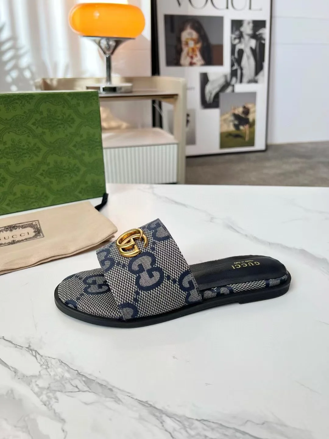 GUCCI Slides Fabric Sheepskin Blue-Gold EU35-42 A40202609111881 - Image 3