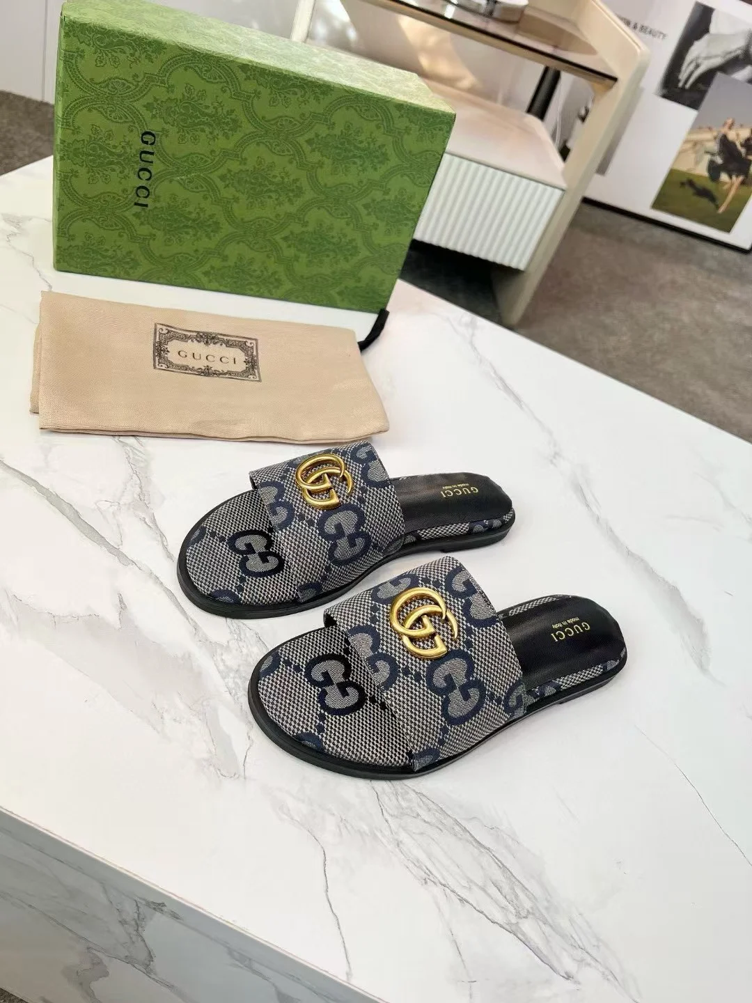 GUCCI Slides Fabric Sheepskin Blue-Gold EU35-42 A40202609111881 - Image 4