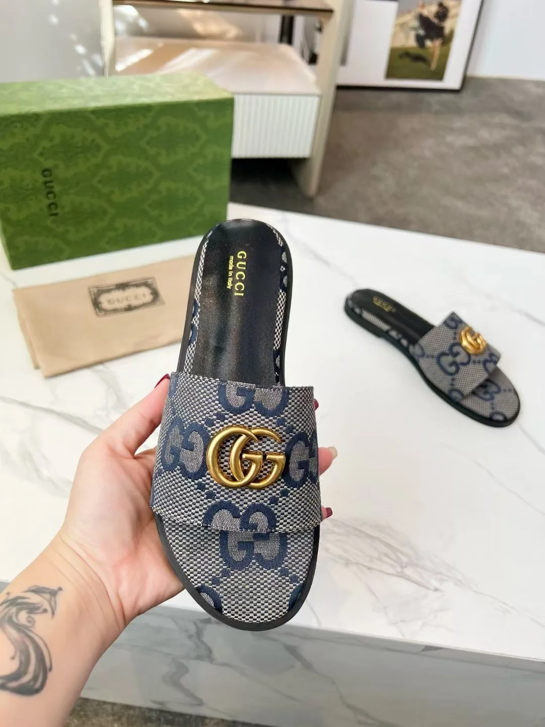 GUCCI Slides Fabric Sheepskin Blue-Gold EU35-42 A40202609111881 - Image 5
