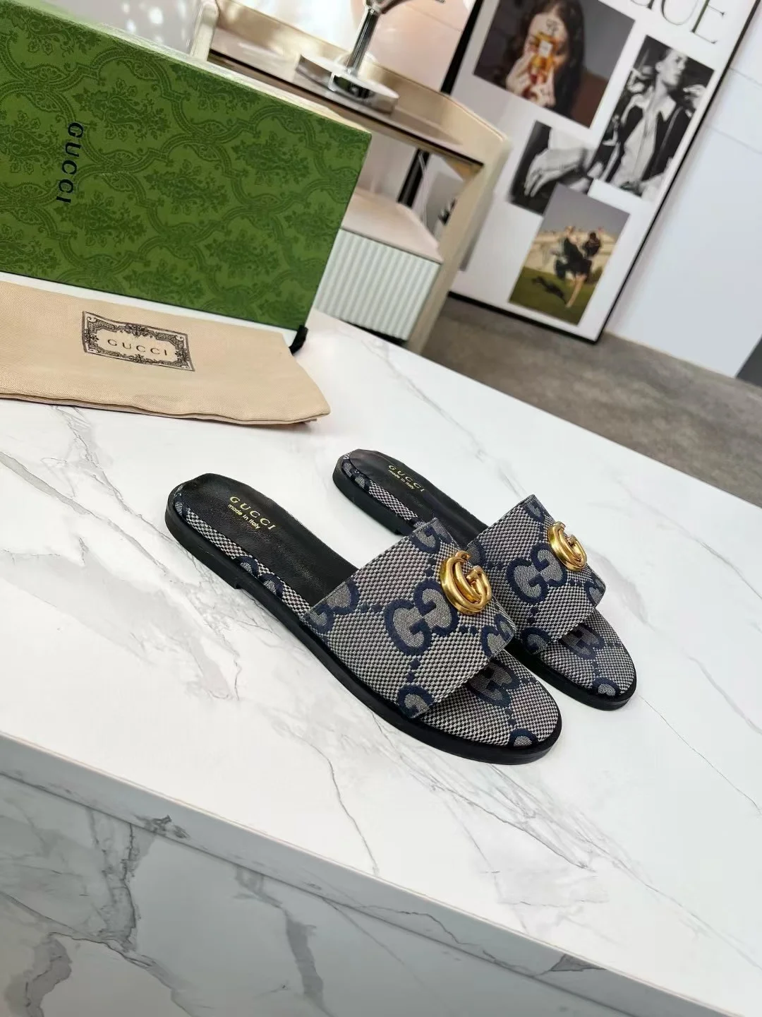 GUCCI Slides Fabric Sheepskin Blue-Gold EU35-42 A40202609111881 - Image 6