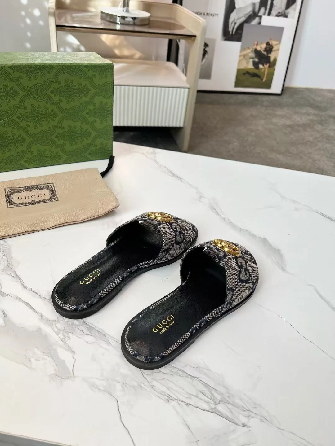GUCCI Slides Fabric Sheepskin Blue-Gold EU35-42 A40202609111881 - Image 7