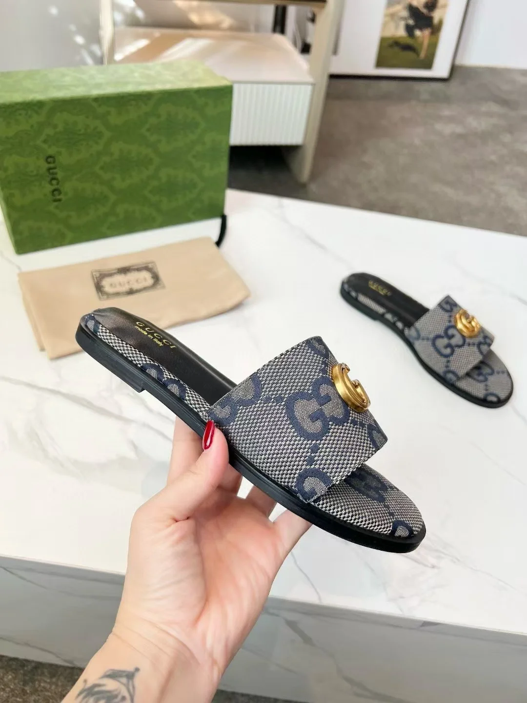 GUCCI Slides Fabric Sheepskin Blue-Gold EU35-42 A40202609111881 - Image 8