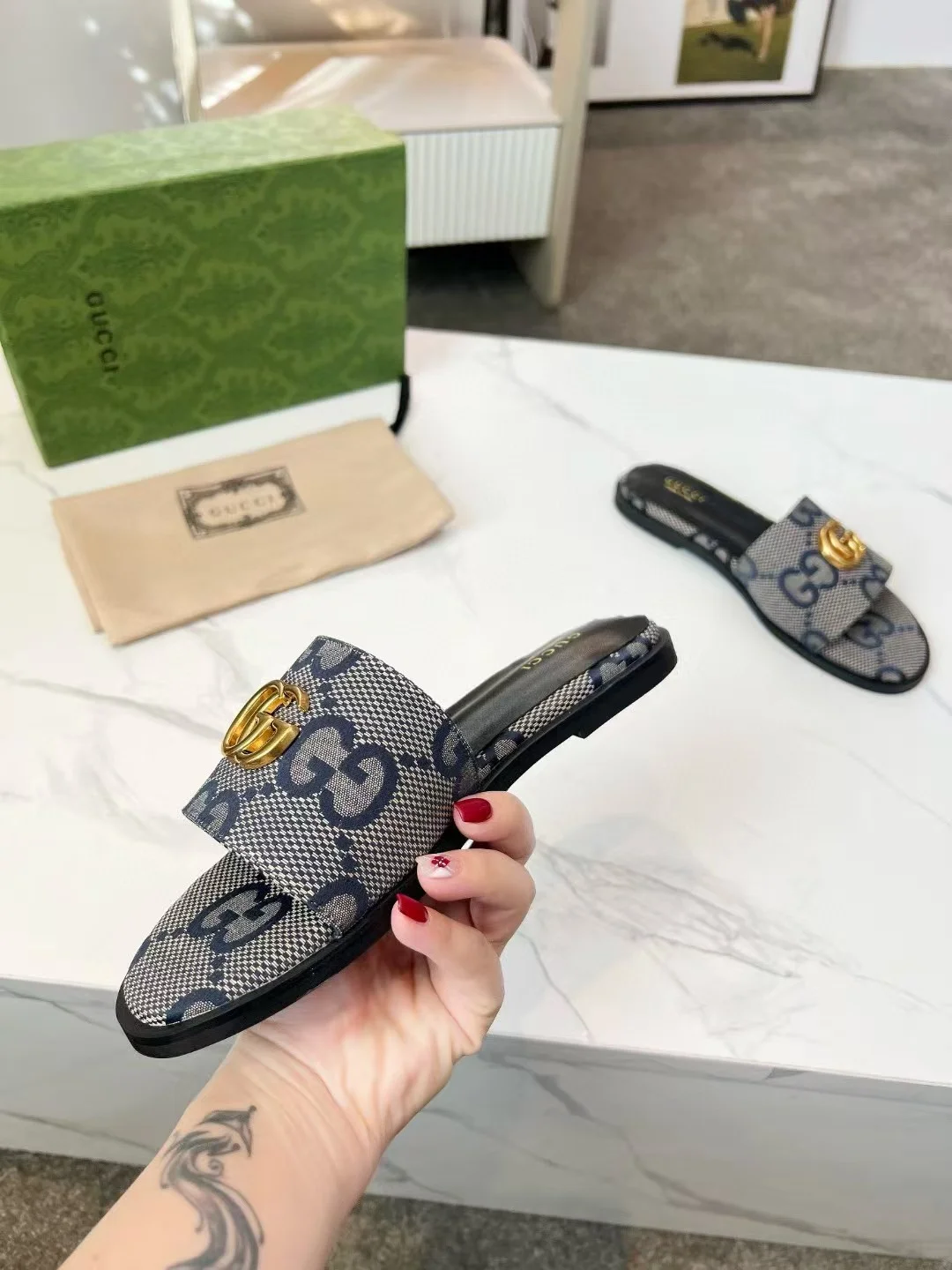 GUCCI Slides Fabric Sheepskin Blue-Gold EU35-42 A40202609111881 - Image 9