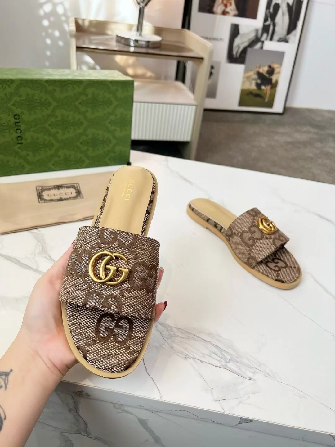GUCCI Slides Fabric Sheepskin Brown-Gold EU35-42 A40202609111882 - Image 3