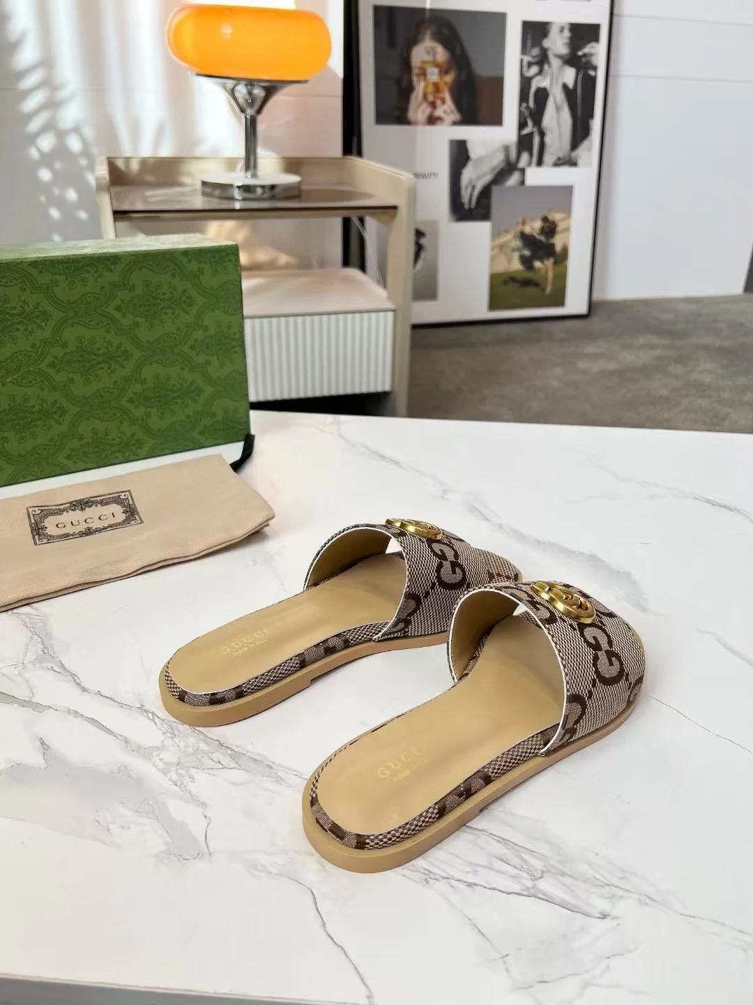 GUCCI Slides Fabric Sheepskin Brown-Gold EU35-42 A40202609111882 - Image 4