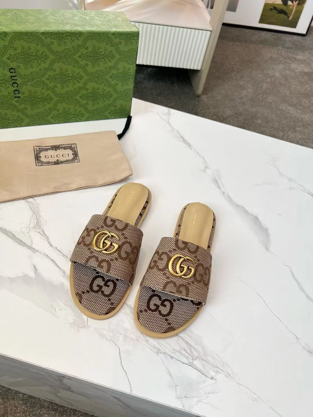GUCCI Slides Fabric Sheepskin Brown-Gold EU35-42 A40202609111882 - Image 5
